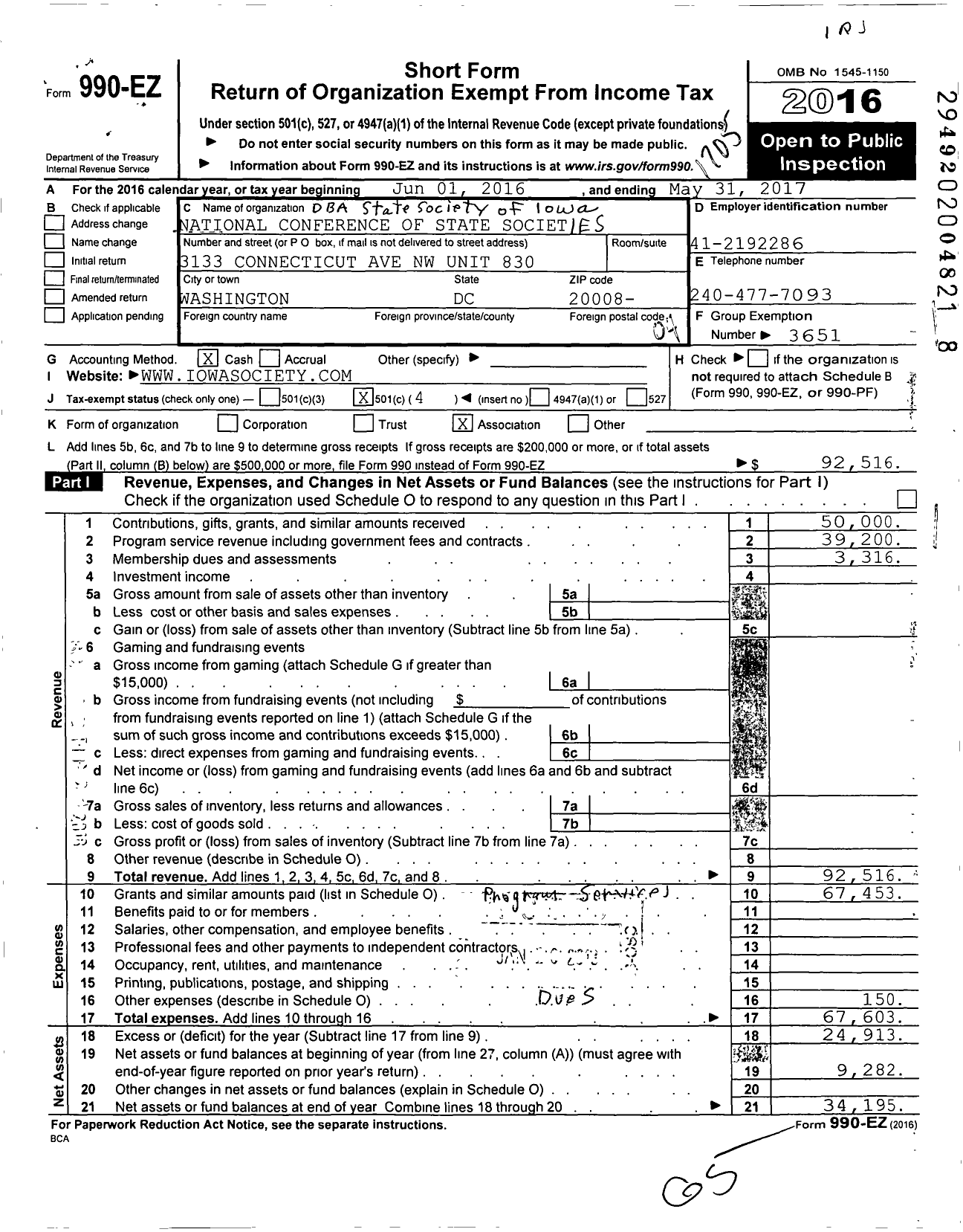 Image of first page of 2016 Form 990EO for National Conference of State Societies Washington District of C / State Society of Iowa