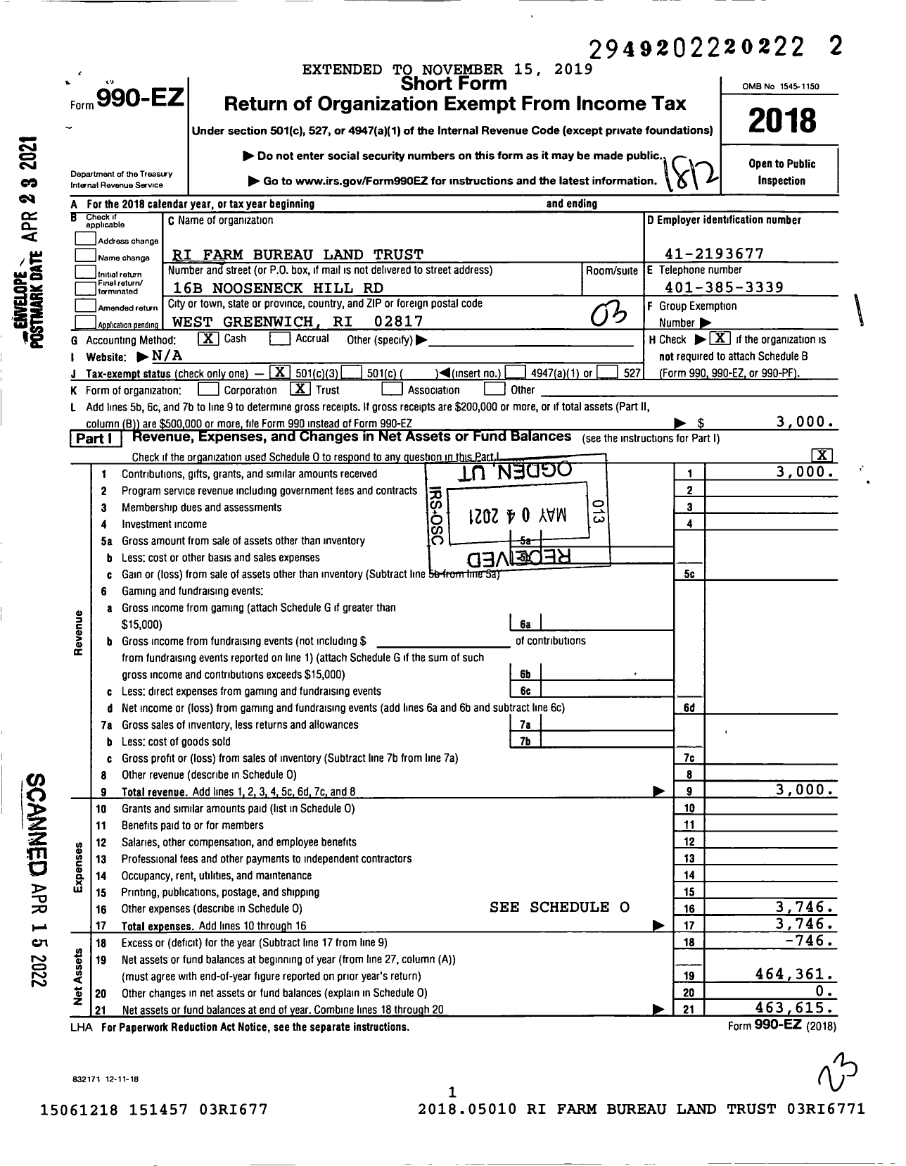 Image of first page of 2018 Form 990EZ for RI Farm Bureau Land Trust