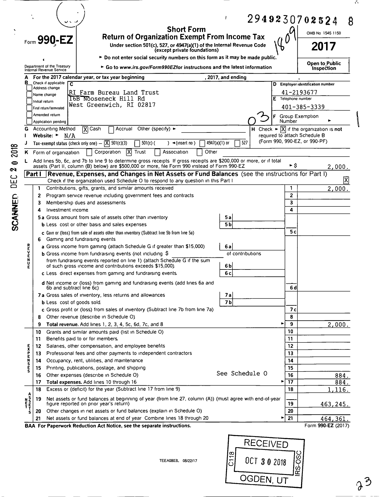 Image of first page of 2017 Form 990EZ for RI Farm Bureau Land Trust