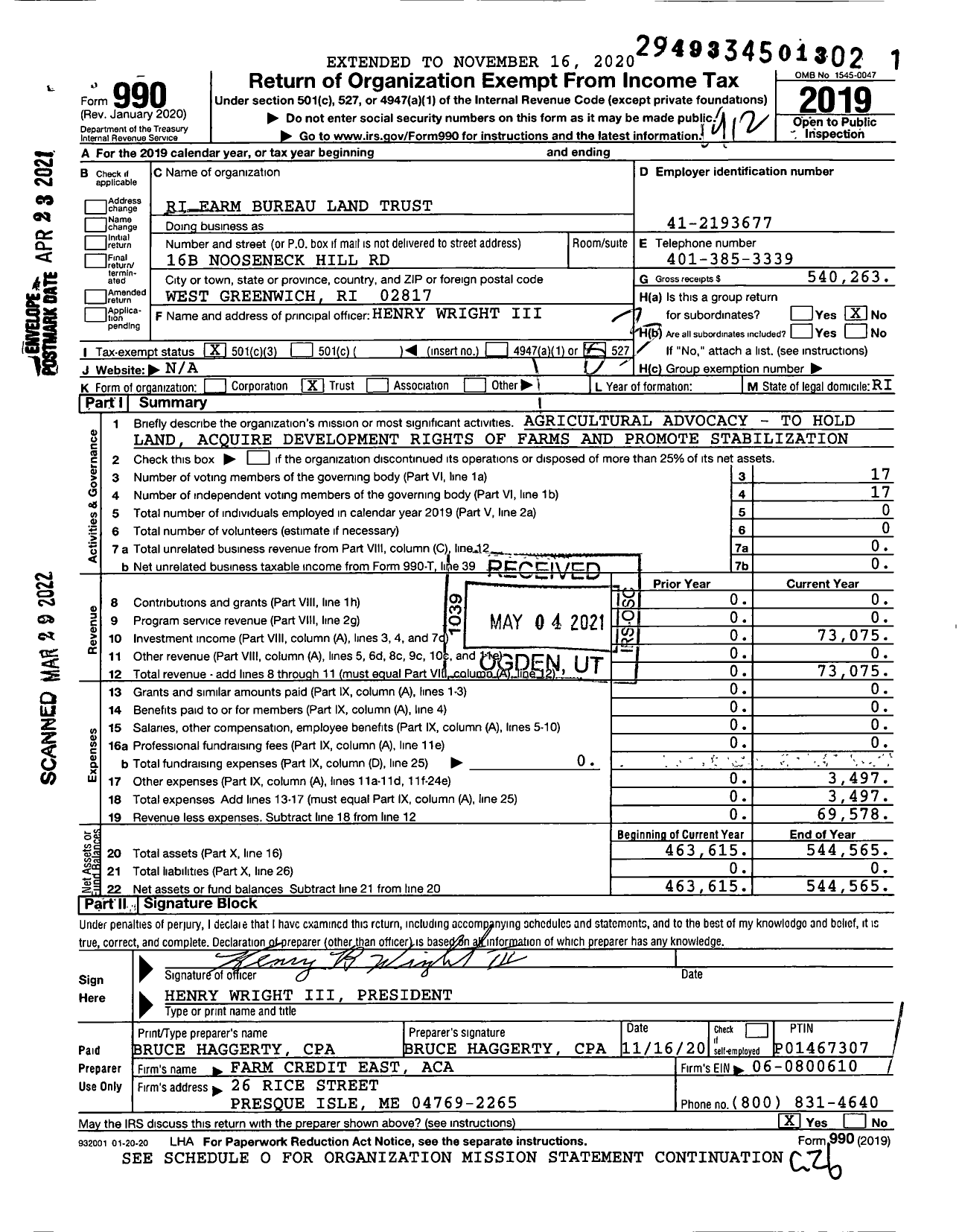 Image of first page of 2019 Form 990 for RI Farm Bureau Land Trust