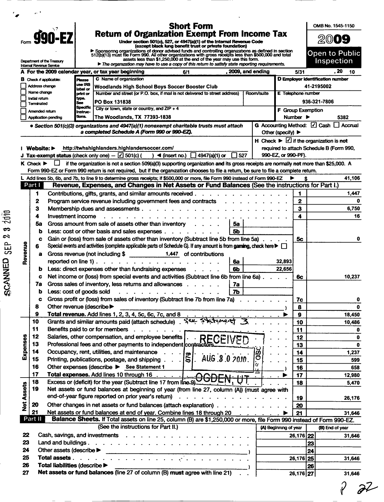 Image of first page of 2009 Form 990EO for Cisd Educational Support Groups / Woodlands HS Boys Soccer Booster