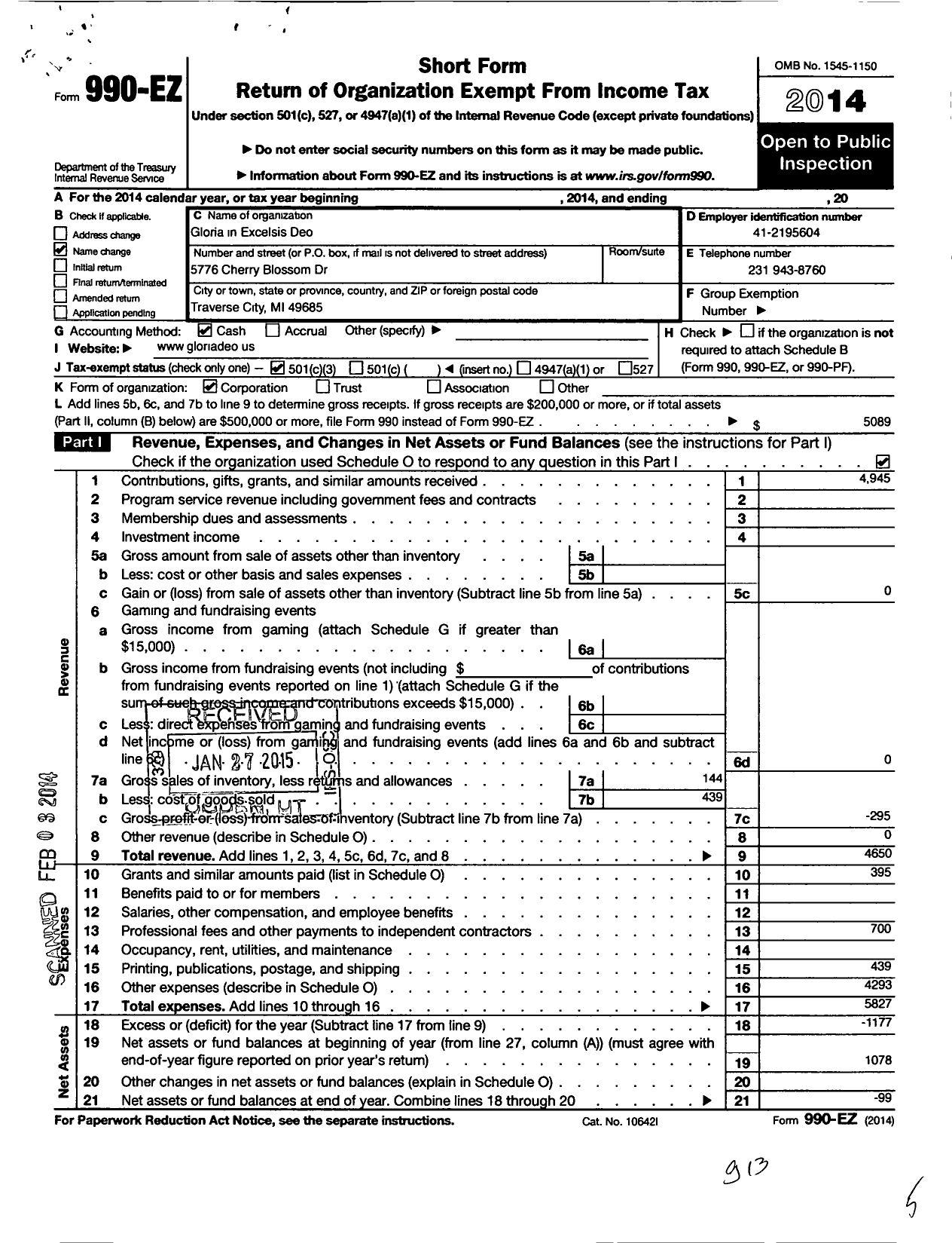 Image of first page of 2014 Form 990EZ for Gloria in Excelsis Deo