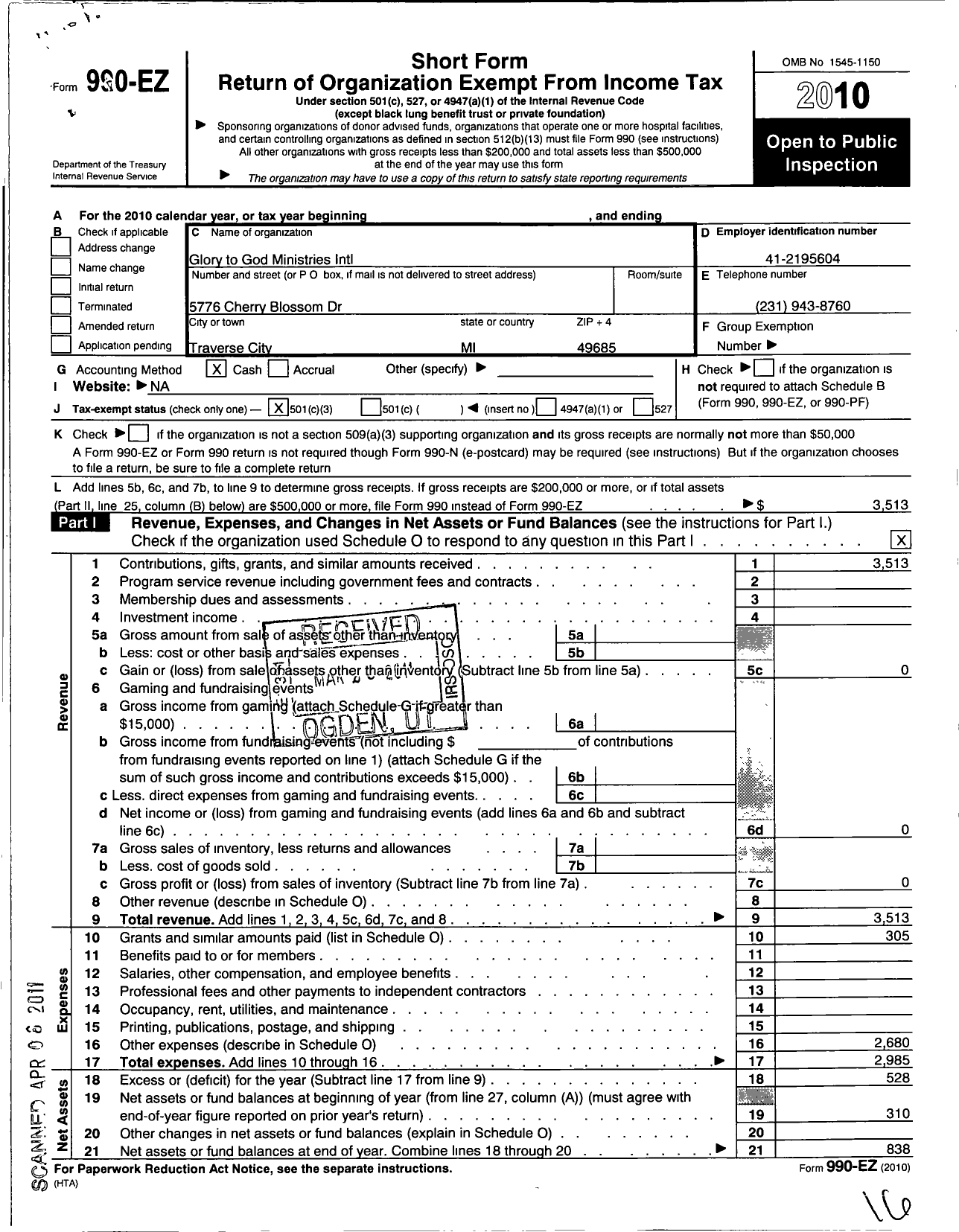 Image of first page of 2010 Form 990EZ for Gloria in Excelsis Deo