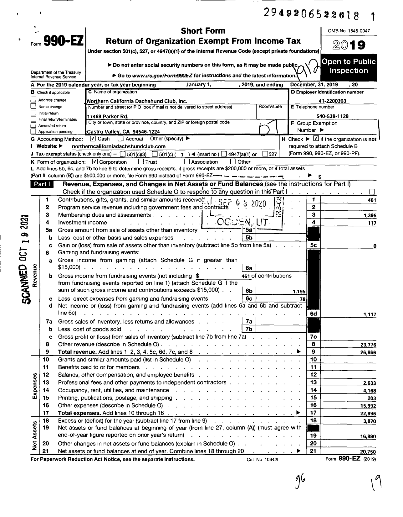 Image of first page of 2019 Form 990EO for Northern California Daschshund Club (NCDC)