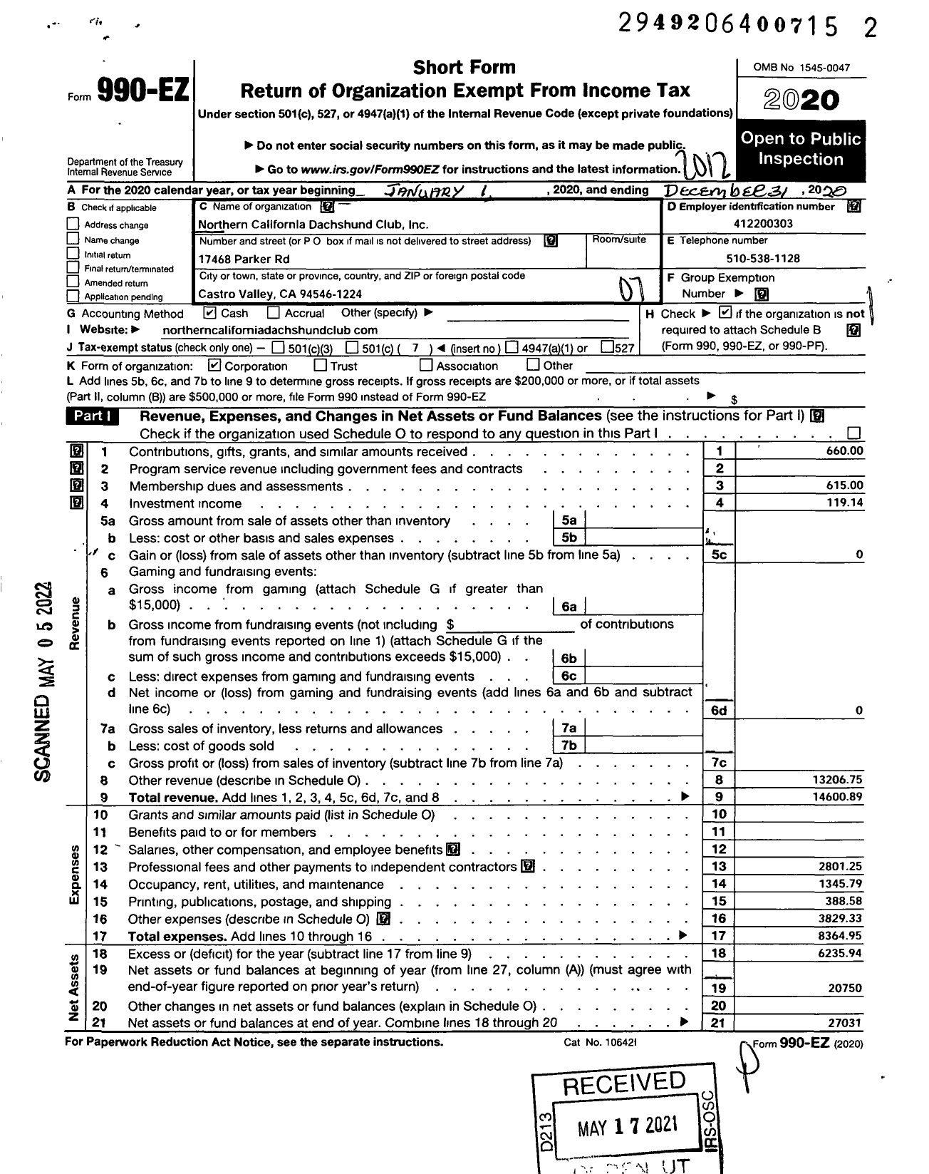 Image of first page of 2020 Form 990EO for Northern California Daschshund Club (NCDC)