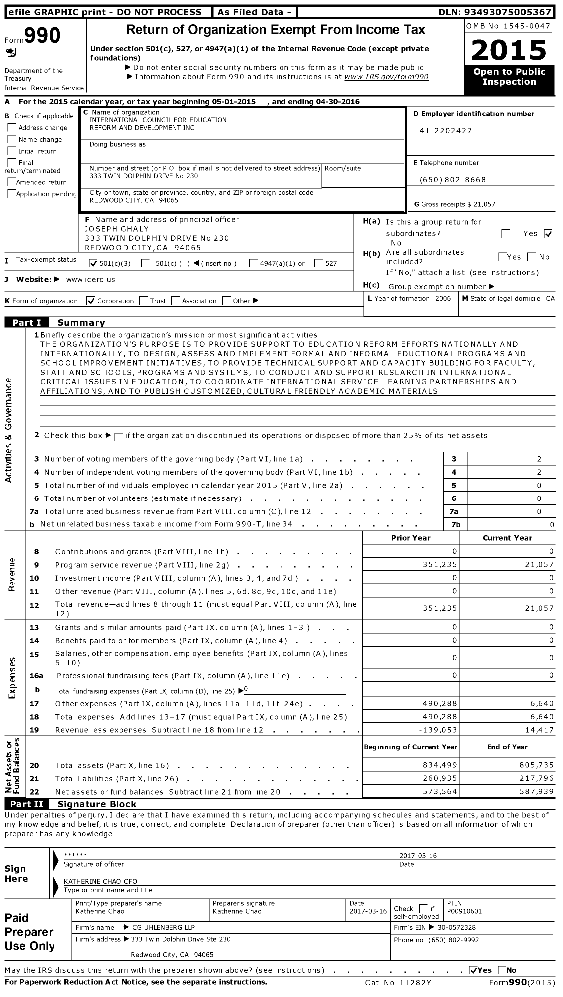 Image of first page of 2015 Form 990 for International Council for Education Reform and Development