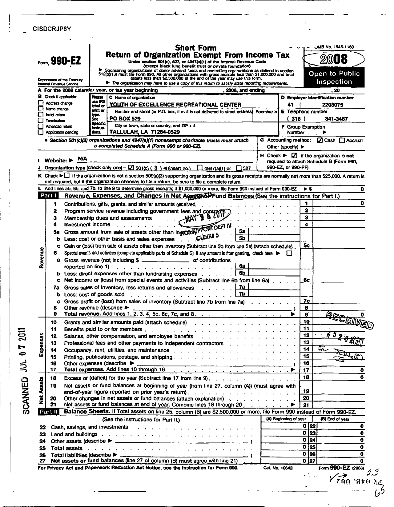 Image of first page of 2008 Form 990EZ for Youth of Excellence Recreational Center