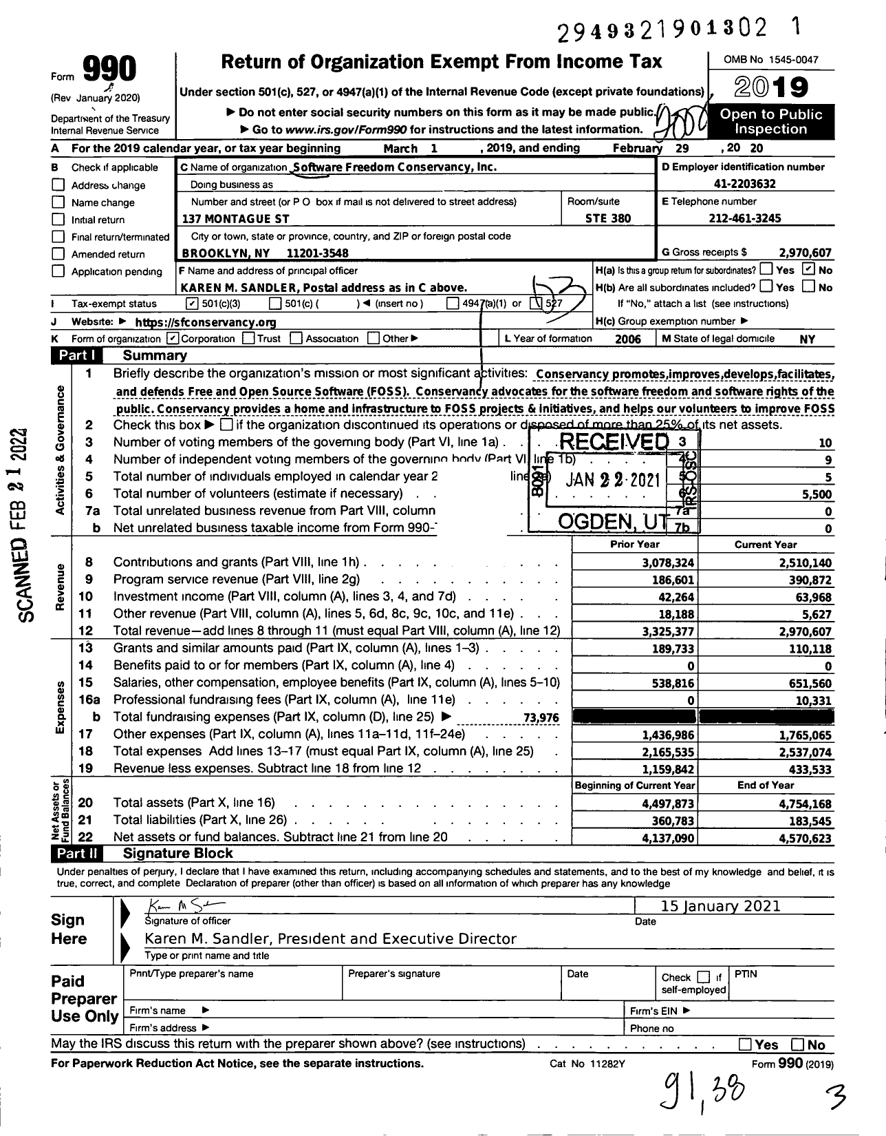 Image of first page of 2019 Form 990 for Software Freedom Conservancy