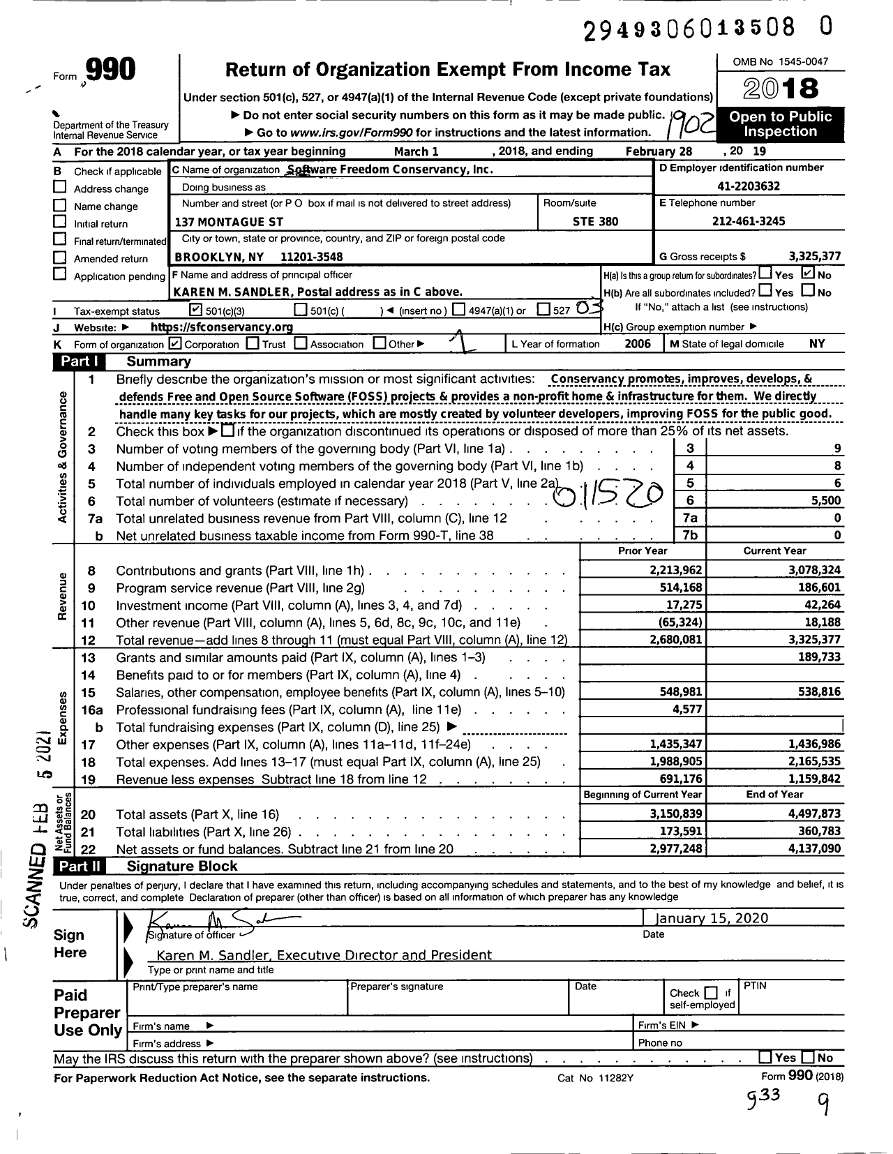 Image of first page of 2018 Form 990 for Software Freedom Conservancy