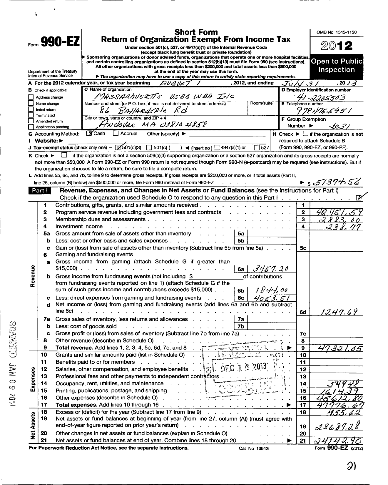 Image of first page of 2012 Form 990EZ for United States Bowling Congress - 83905 Massachusetts State Usbc Wba