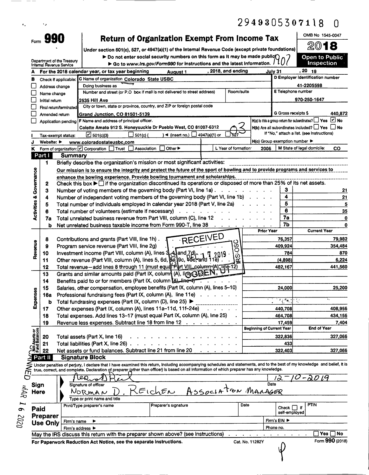 Image of first page of 2018 Form 990 for United States Bowling Congress - 86279 Colorado State USBC