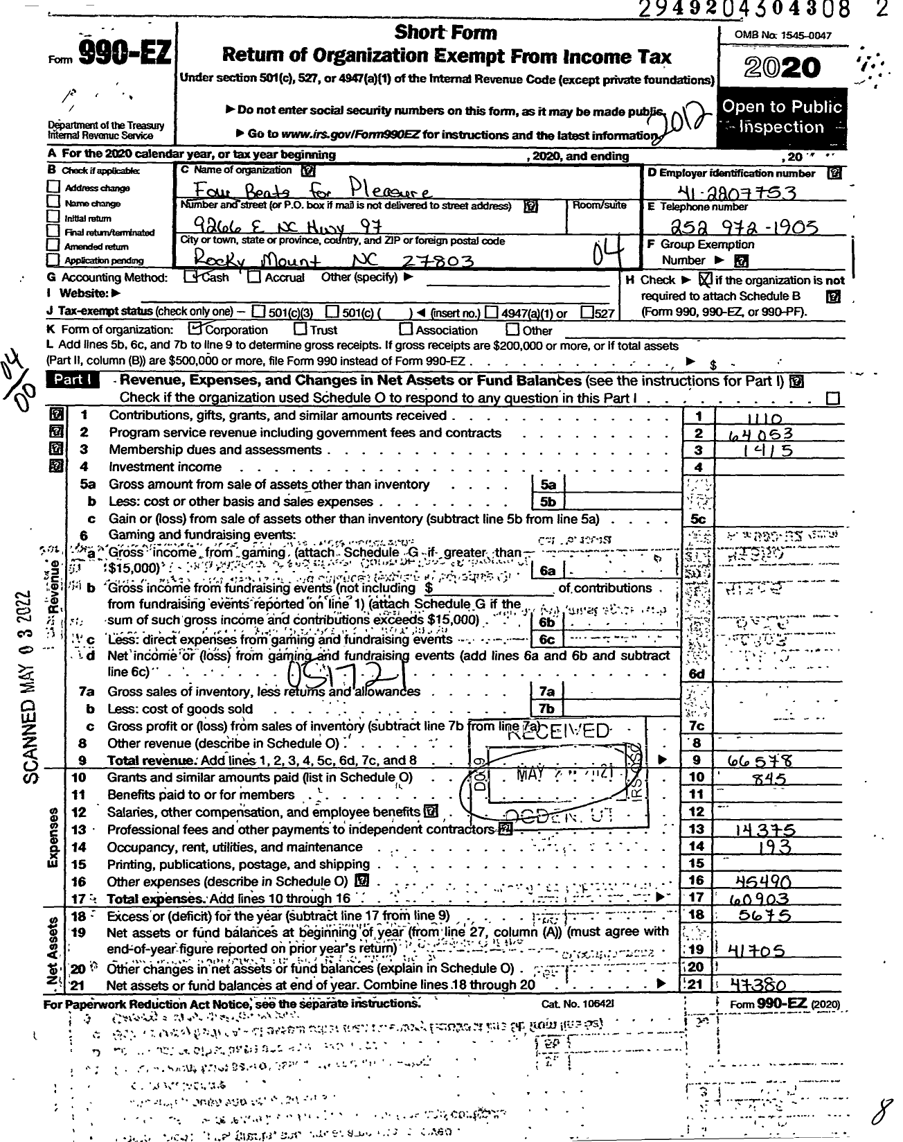 Image of first page of 2020 Form 990EO for Four Beats for Pleasure