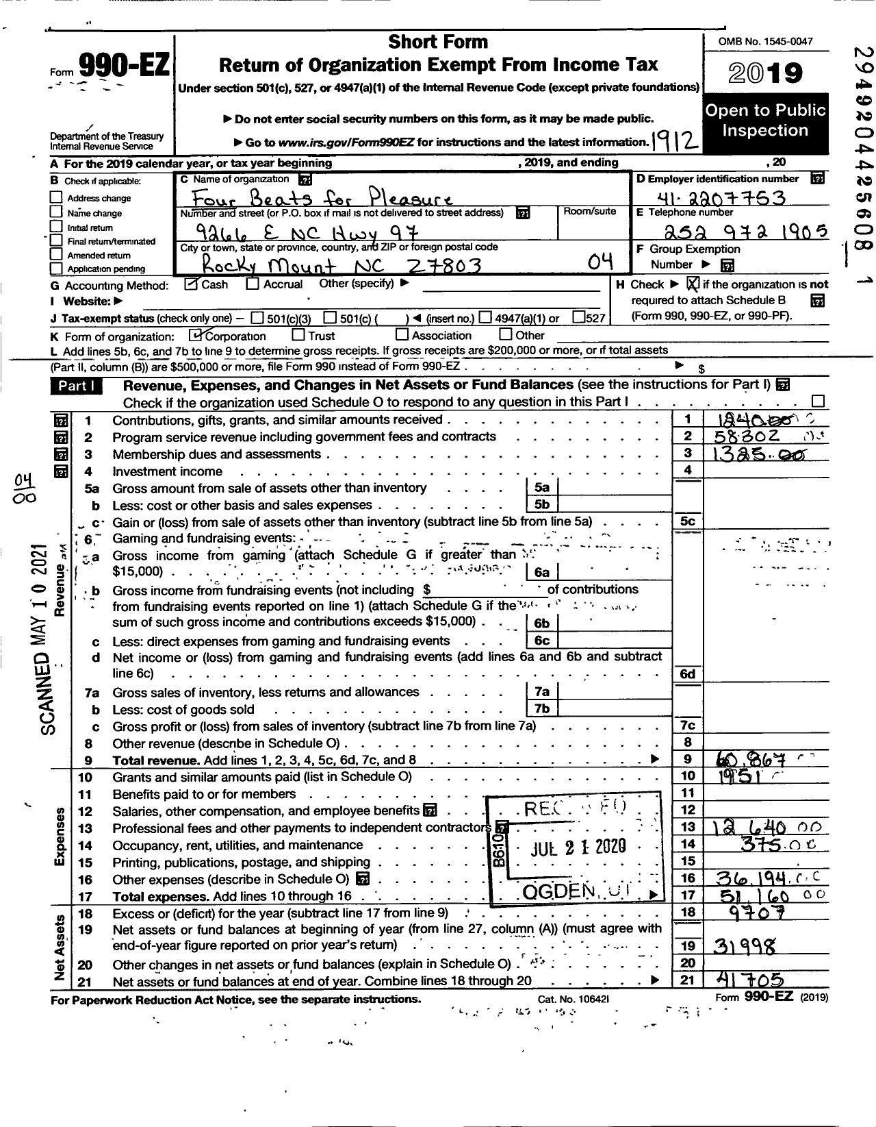 Image of first page of 2019 Form 990EO for Four Beats for Pleasure