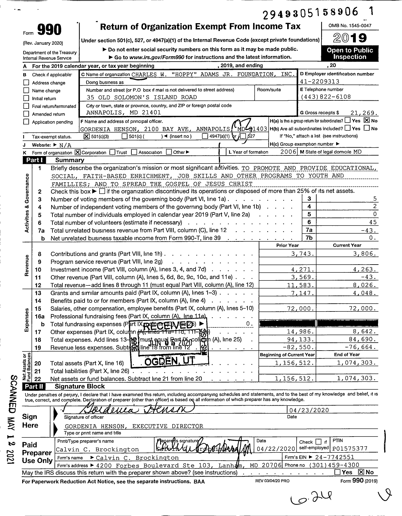 Image of first page of 2019 Form 990 for Charles W Hoppy Adams JR Foundation