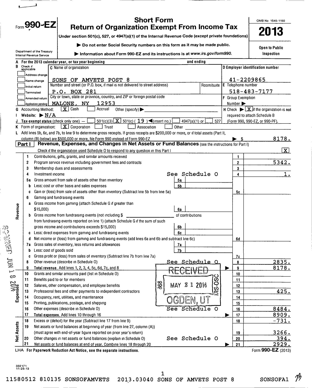 Image of first page of 2013 Form 990EO for Amvets - 8 Ny