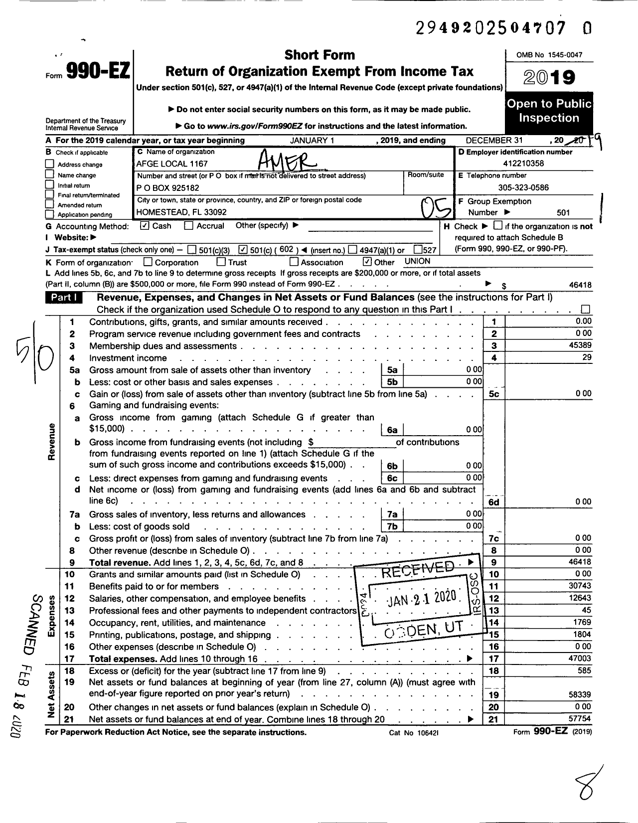 Image of first page of 2019 Form 990EO for American Federation of Government Employees - 1167 Afge Local