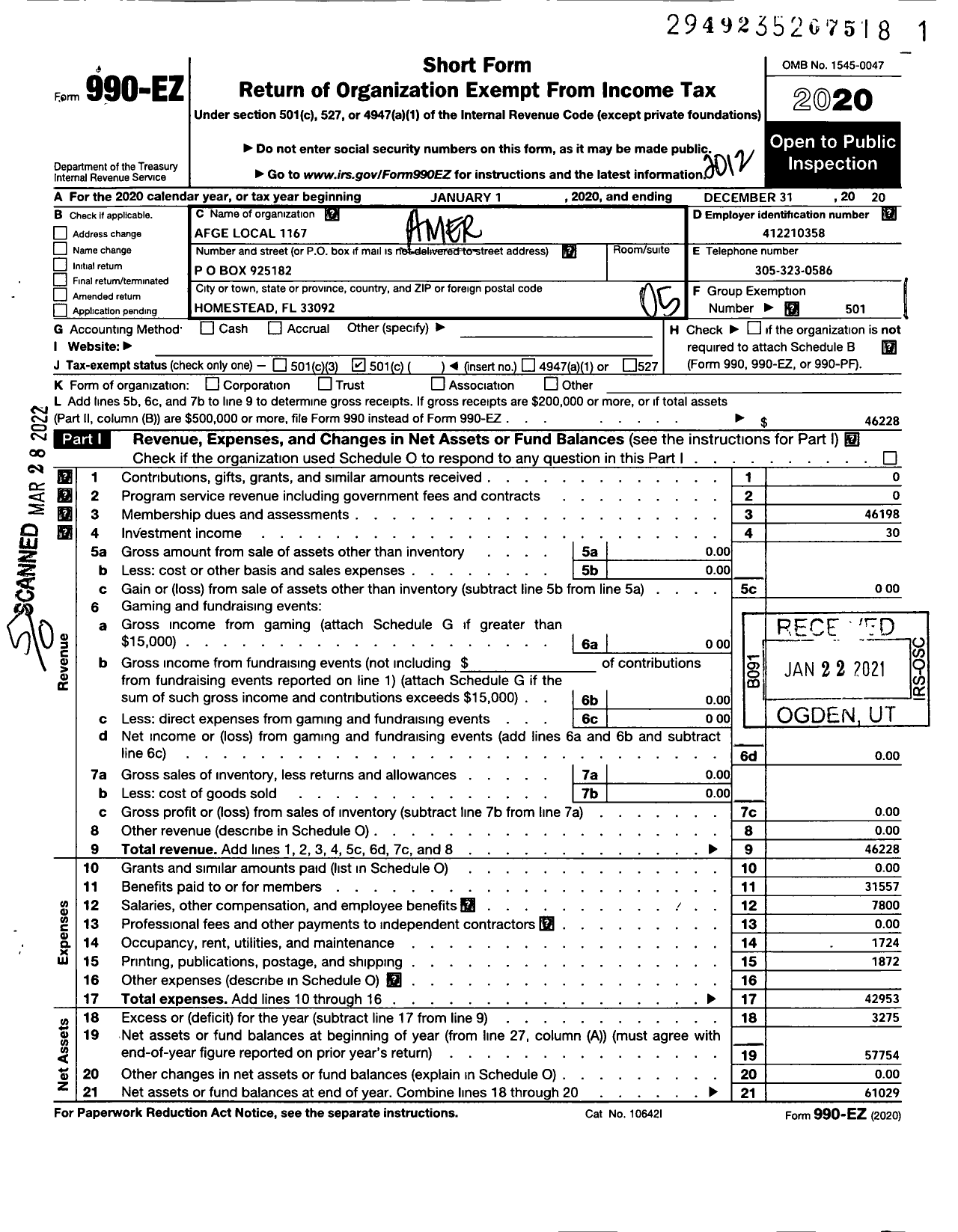 Image of first page of 2020 Form 990EO for American Federation of Government Employees - 1167 Afge Local