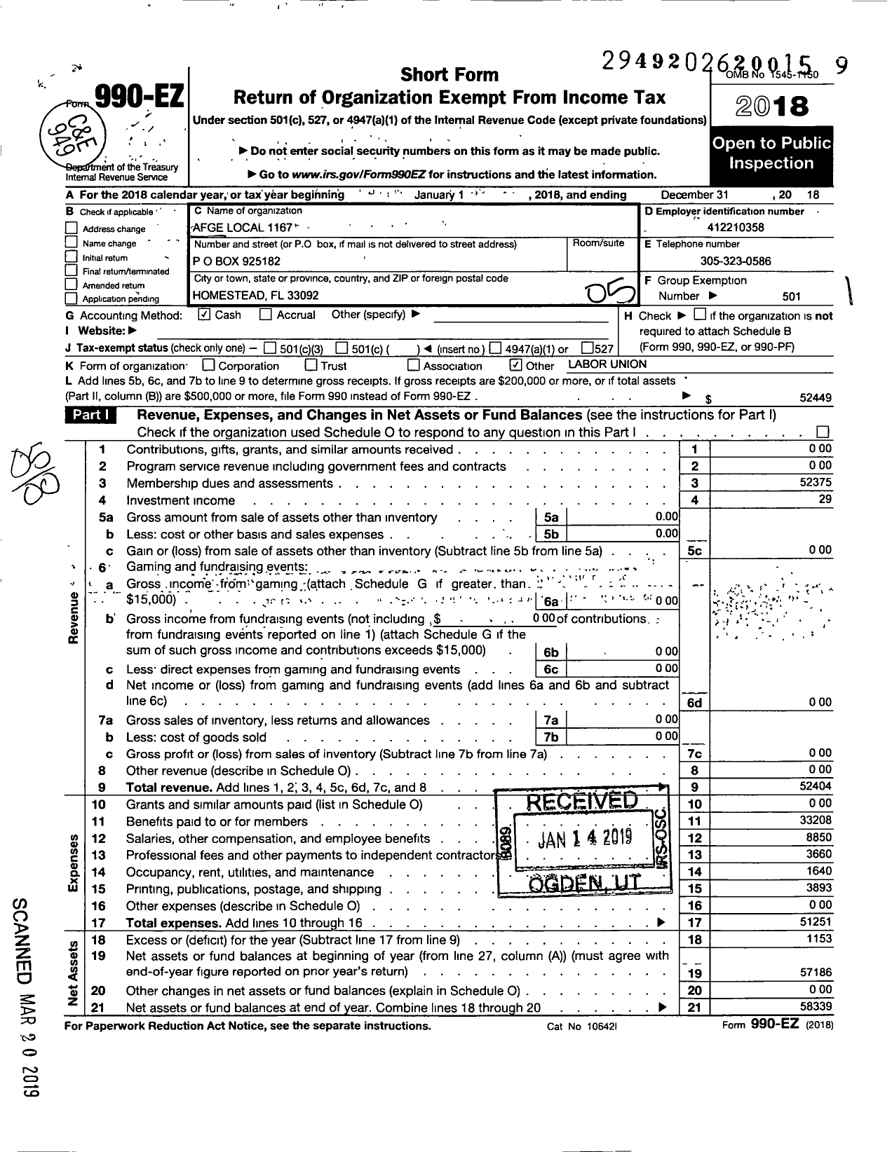 Image of first page of 2018 Form 990EO for American Federation of Government Employees - 1167 Afge Local