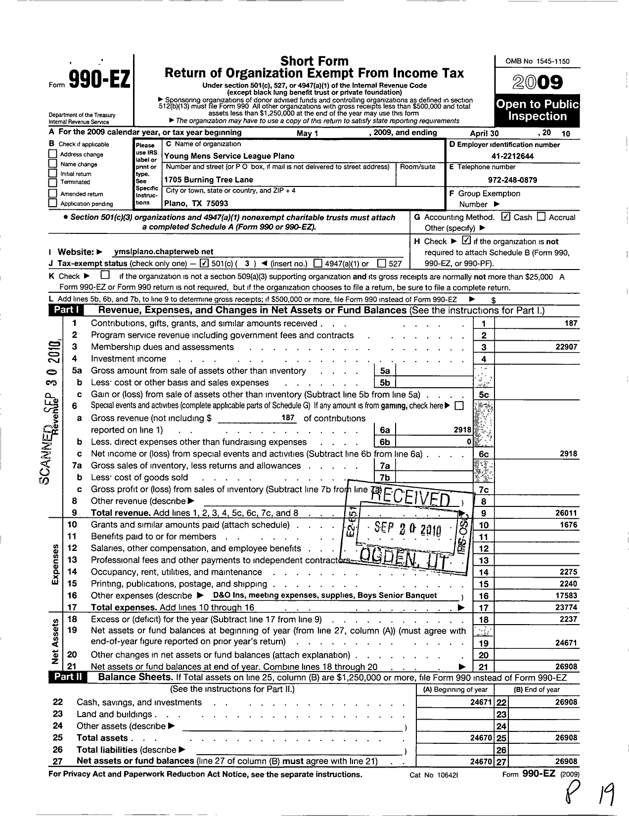 Image of first page of 2009 Form 990EZ for National Young Mens Service League / Plano Chapter