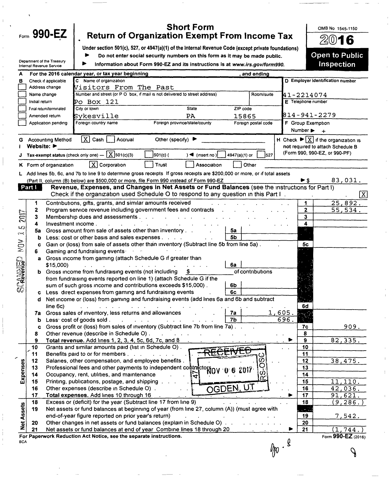 Image of first page of 2016 Form 990EZ for Visitors From The Past