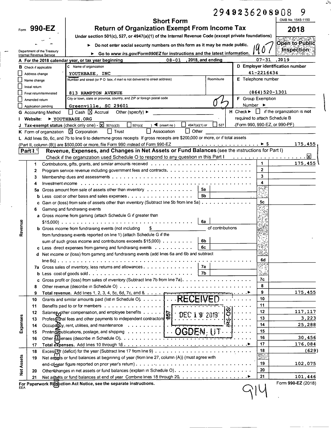 Image of first page of 2018 Form 990EZ for Youthbase