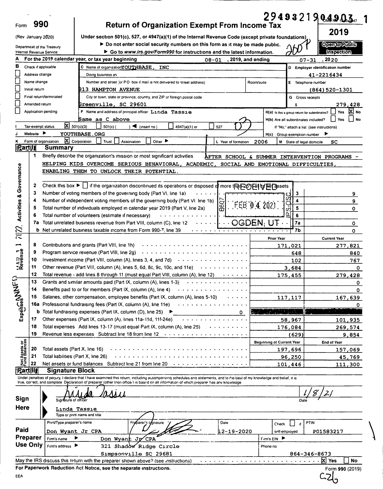 Image of first page of 2019 Form 990 for Youthbase