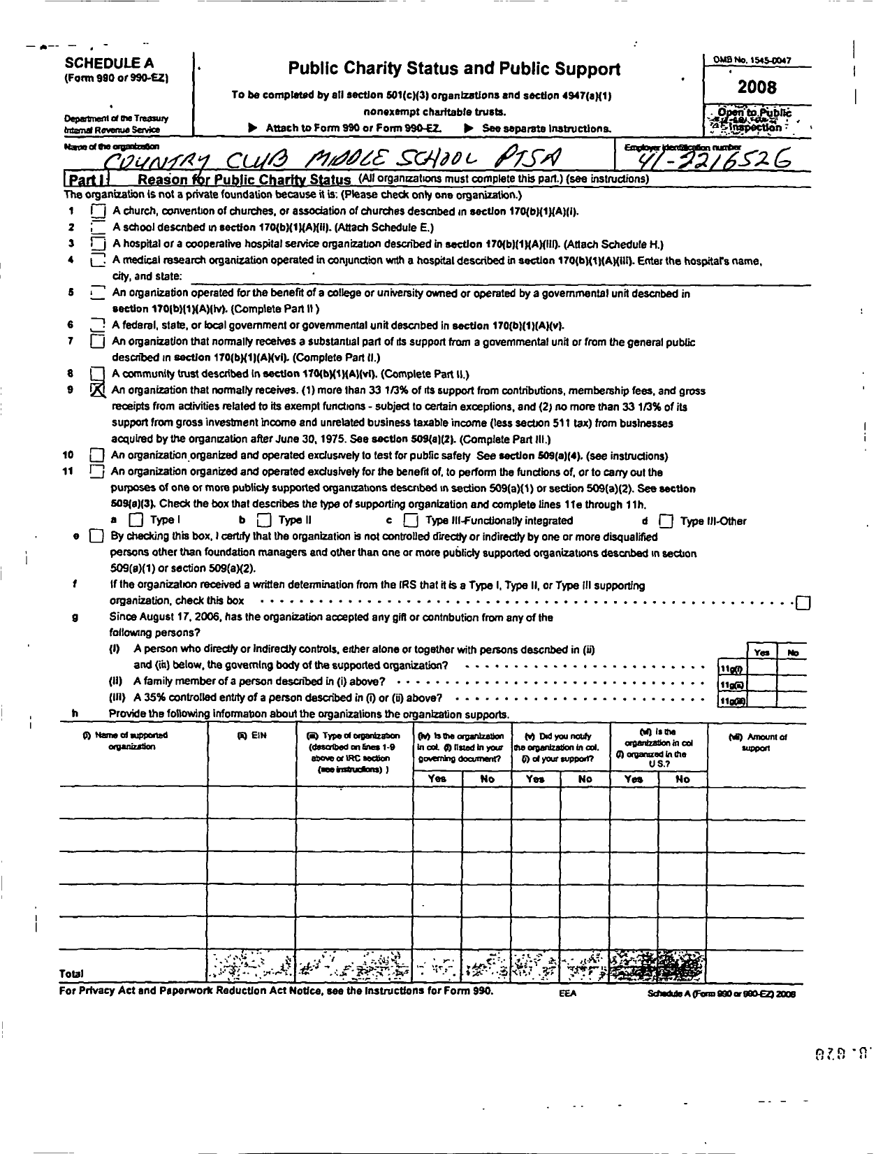 Image of first page of 2008 Form 990ER for PTA Florida Congress - Country Club Middle Ptsa