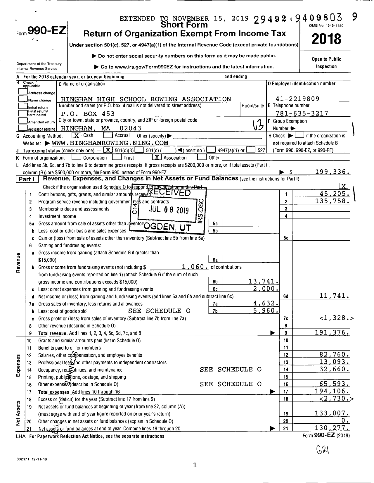 Image of first page of 2018 Form 990EZ for Hingham High School Rowing Association