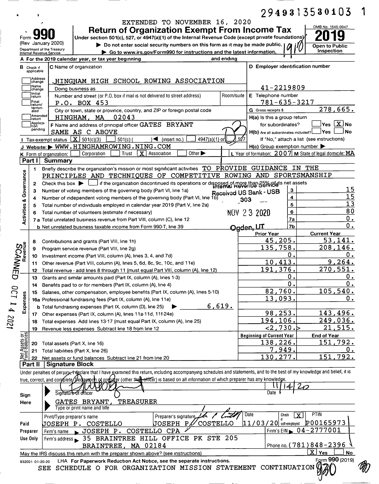 Image of first page of 2019 Form 990 for Hingham High School Rowing Association