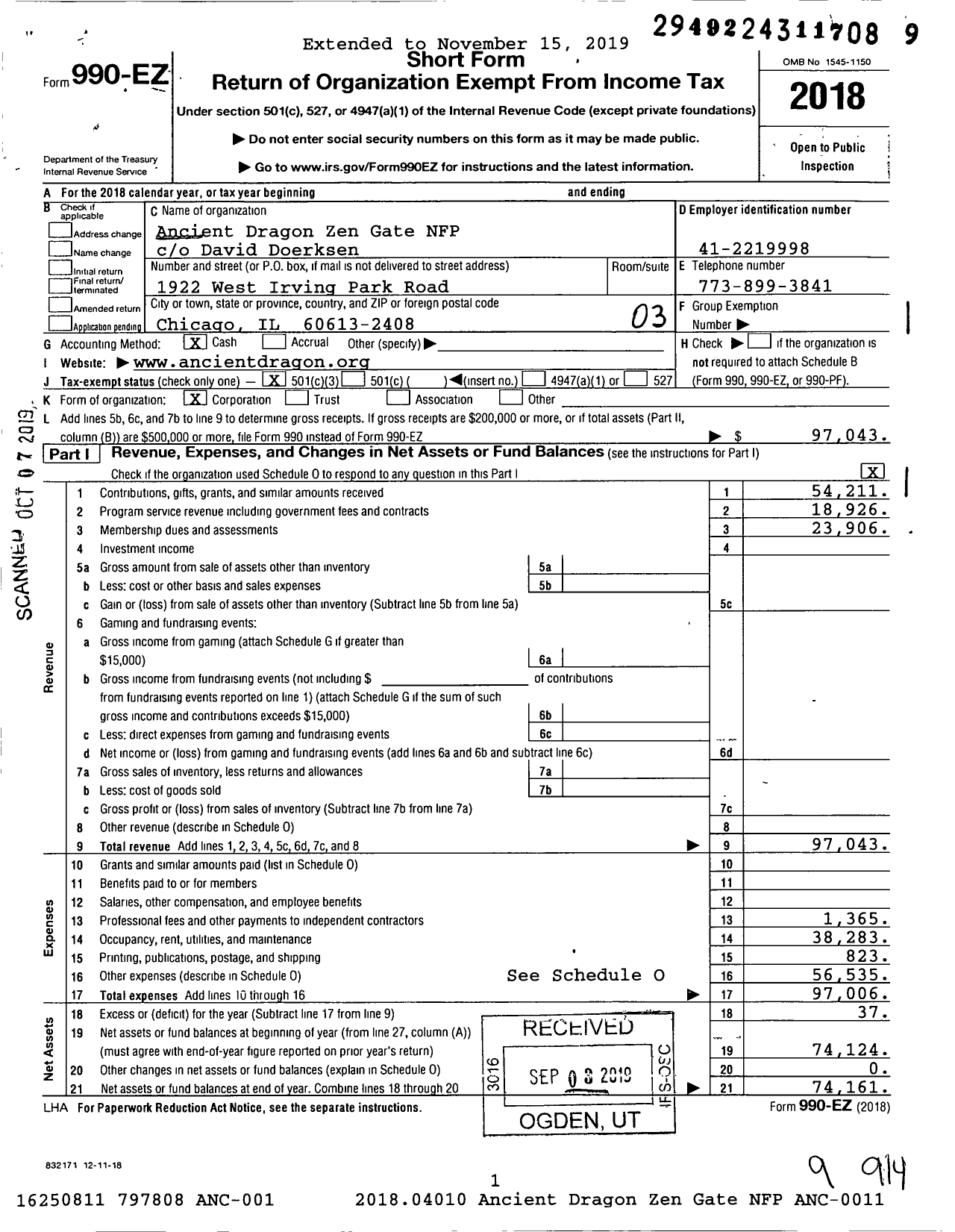 Image of first page of 2018 Form 990EZ for Ancient Dragon Zen Gate NFP