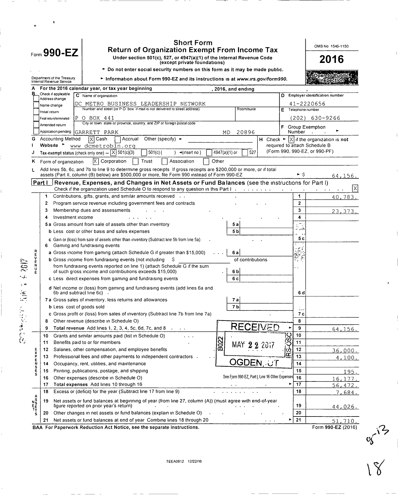 Image of first page of 2016 Form 990EZ for District of Columbia Business Leadership Network