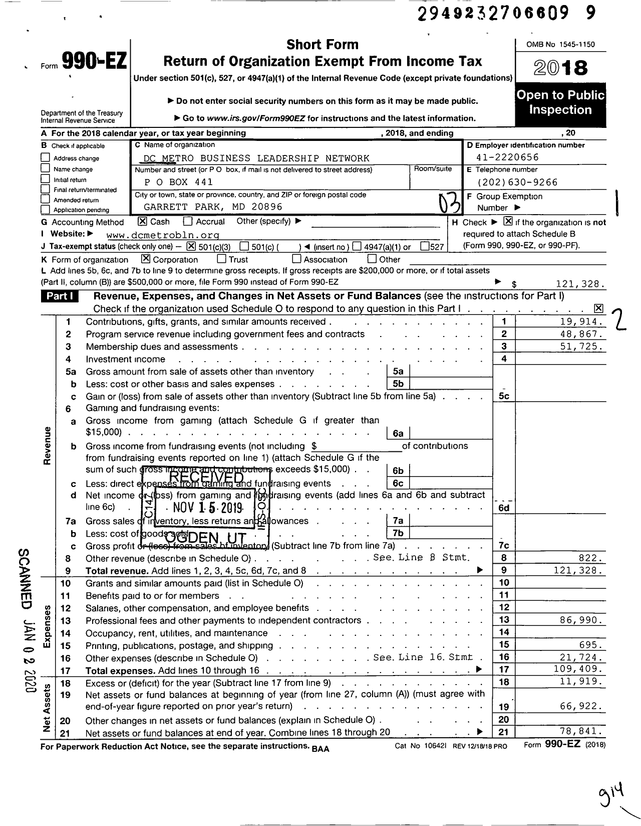 Image of first page of 2018 Form 990EZ for District of Columbia Business Leadership Network