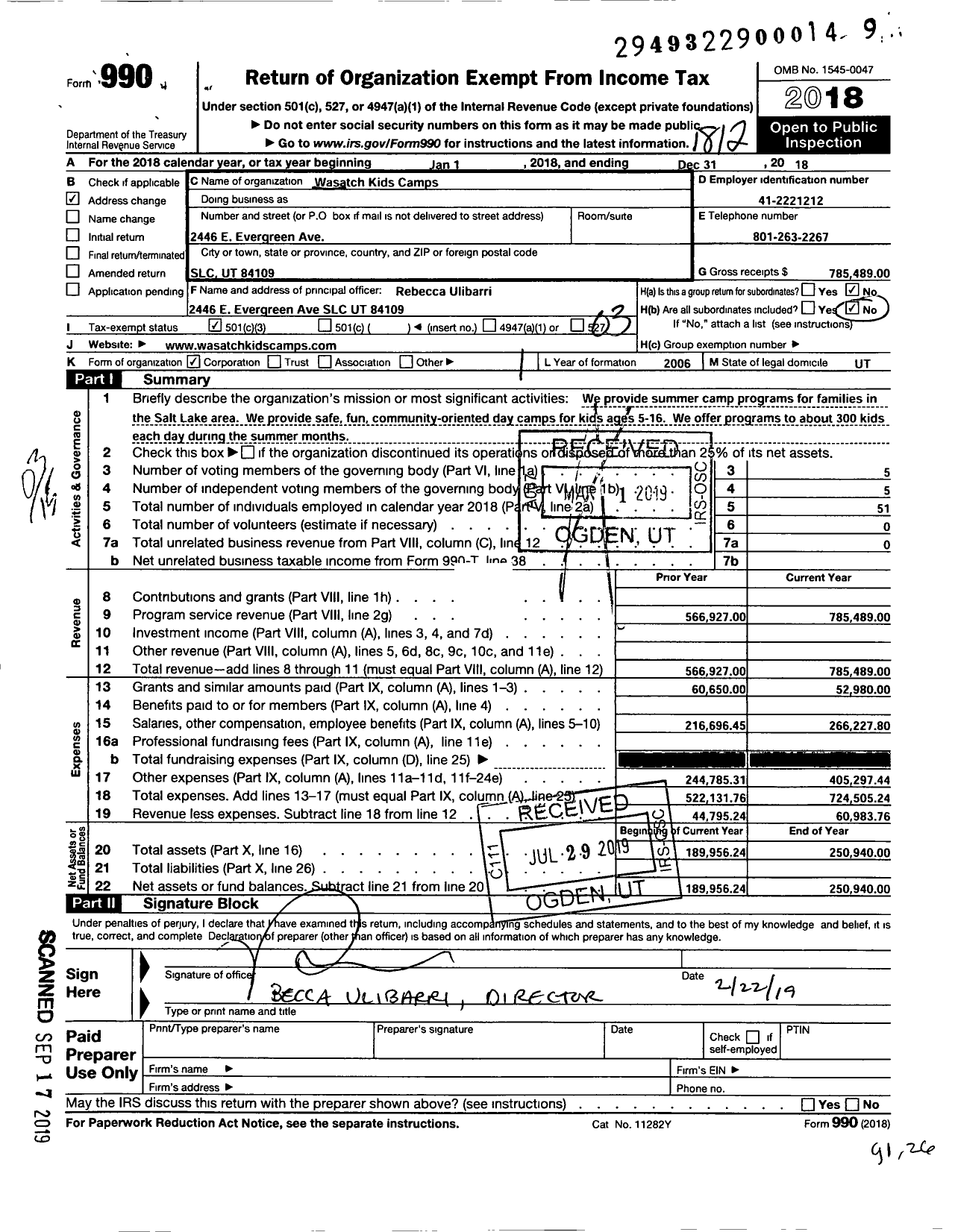 Image of first page of 2018 Form 990 for Wasatch Kids Camps