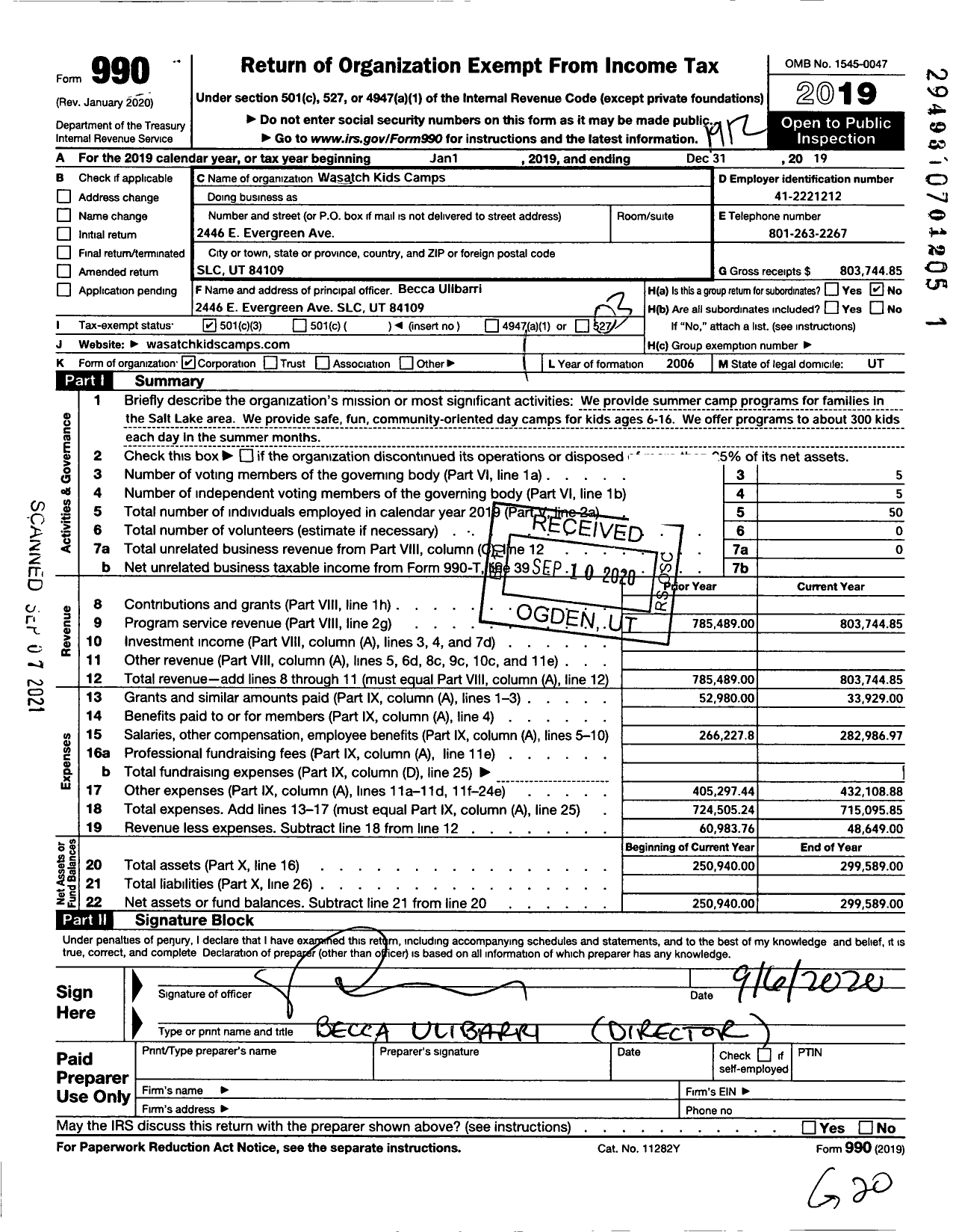 Image of first page of 2019 Form 990 for Wasatch Kids Camps