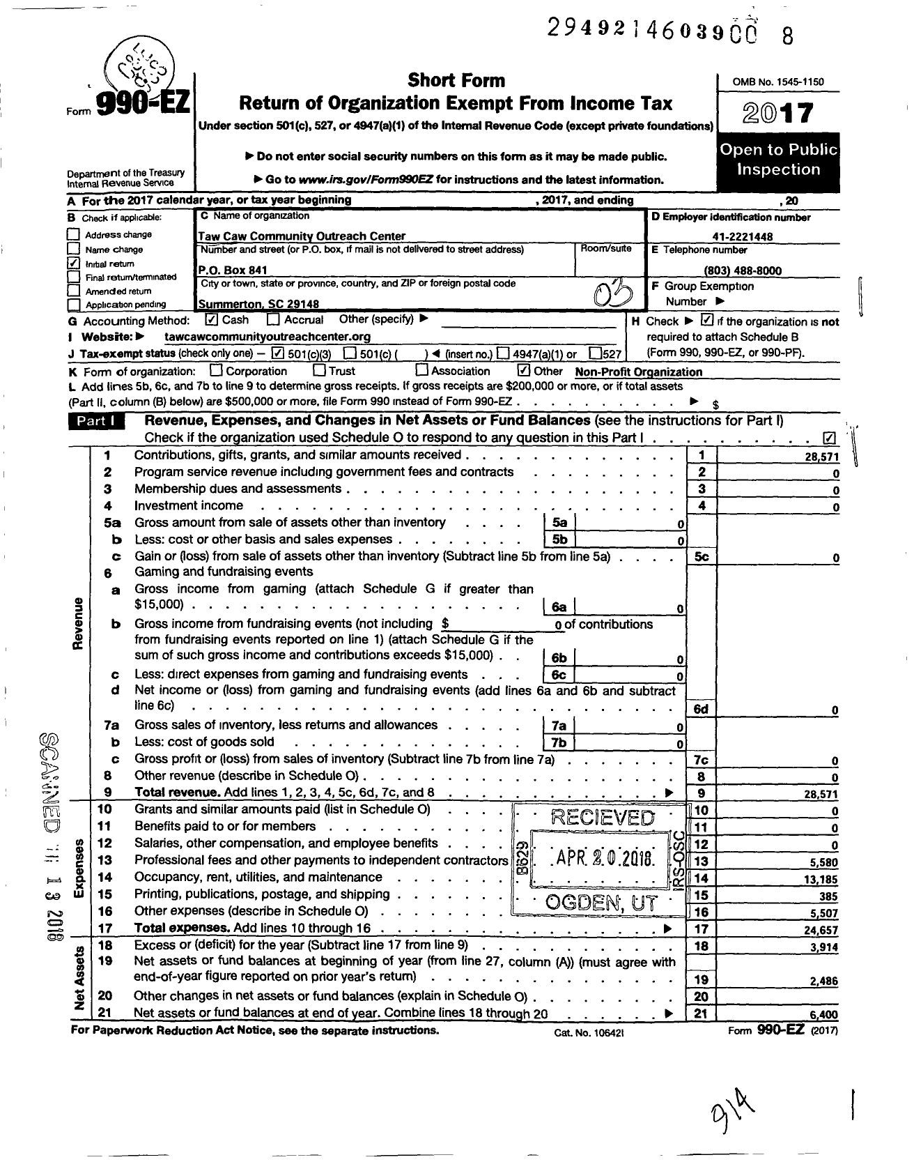 Image of first page of 2017 Form 990EZ for Taw Caw Community Outreach Center