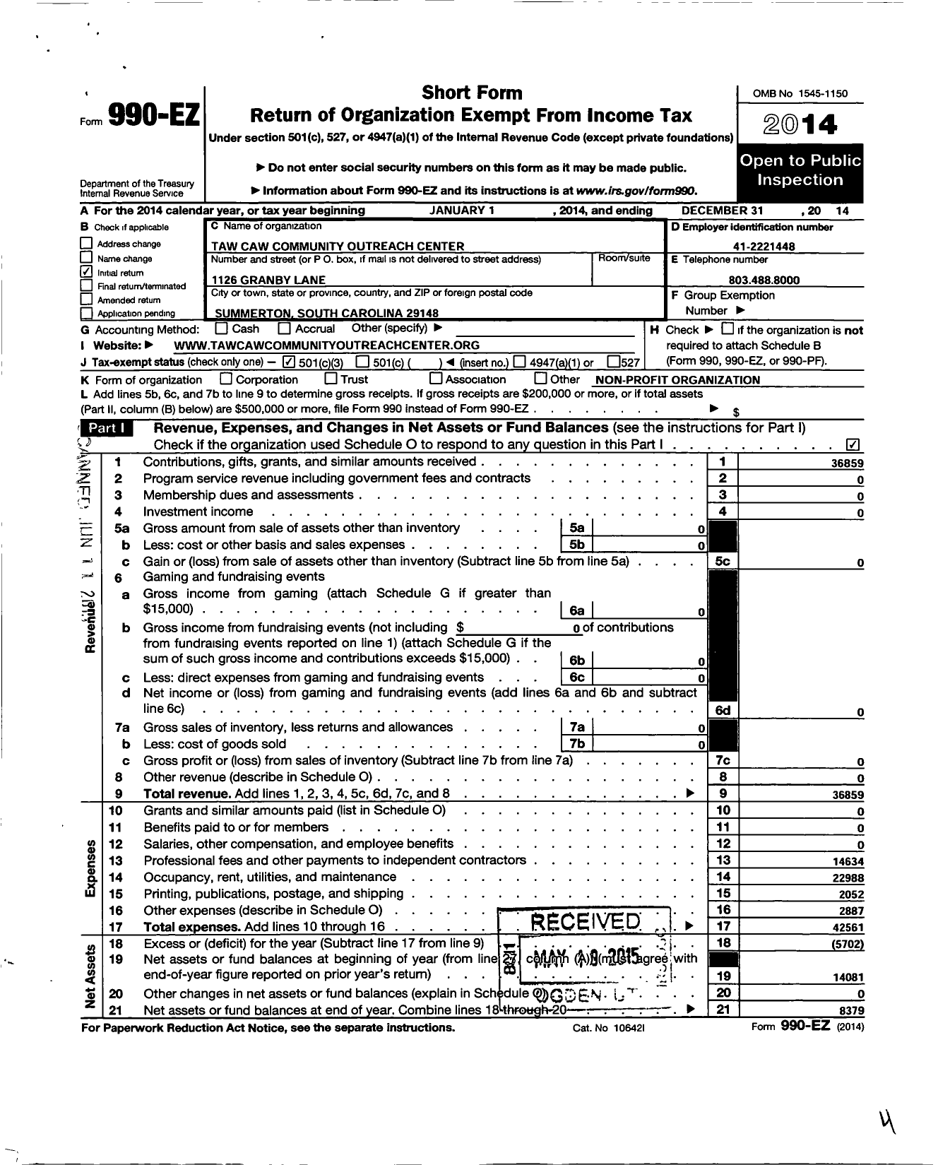 Image of first page of 2014 Form 990EZ for Taw Caw Community Outreach Center