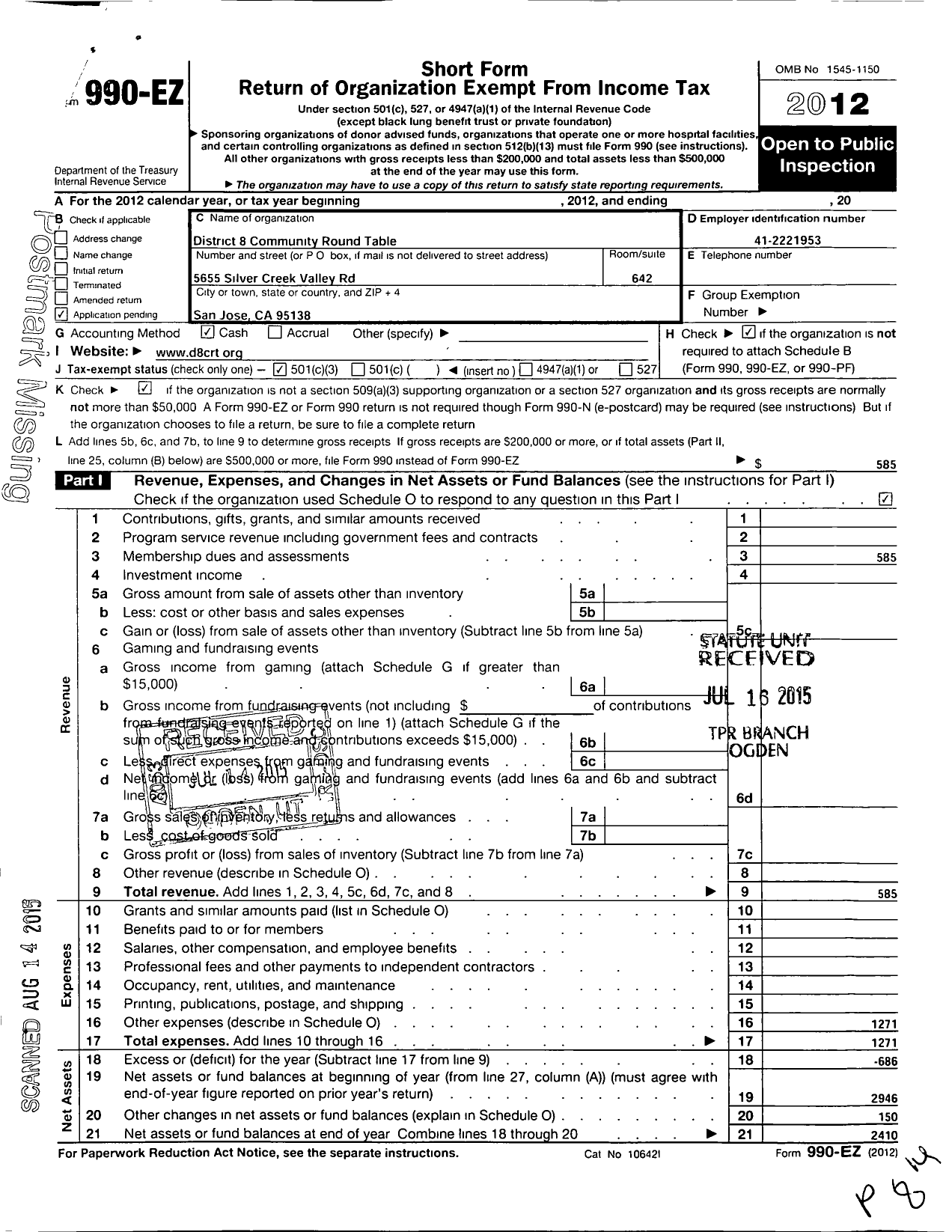 Image of first page of 2012 Form 990EZ for District 8 Community Round