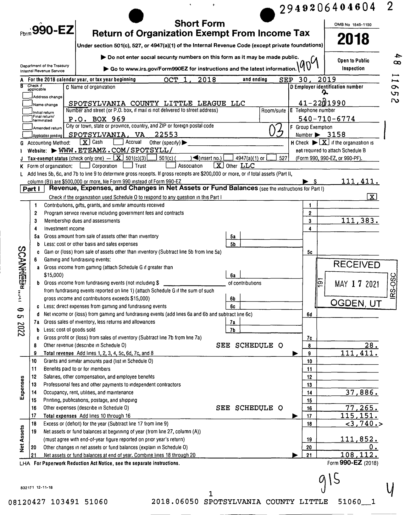 Image of first page of 2018 Form 990EZ for Little League Baseball - 208167 Spotsylvania County LL