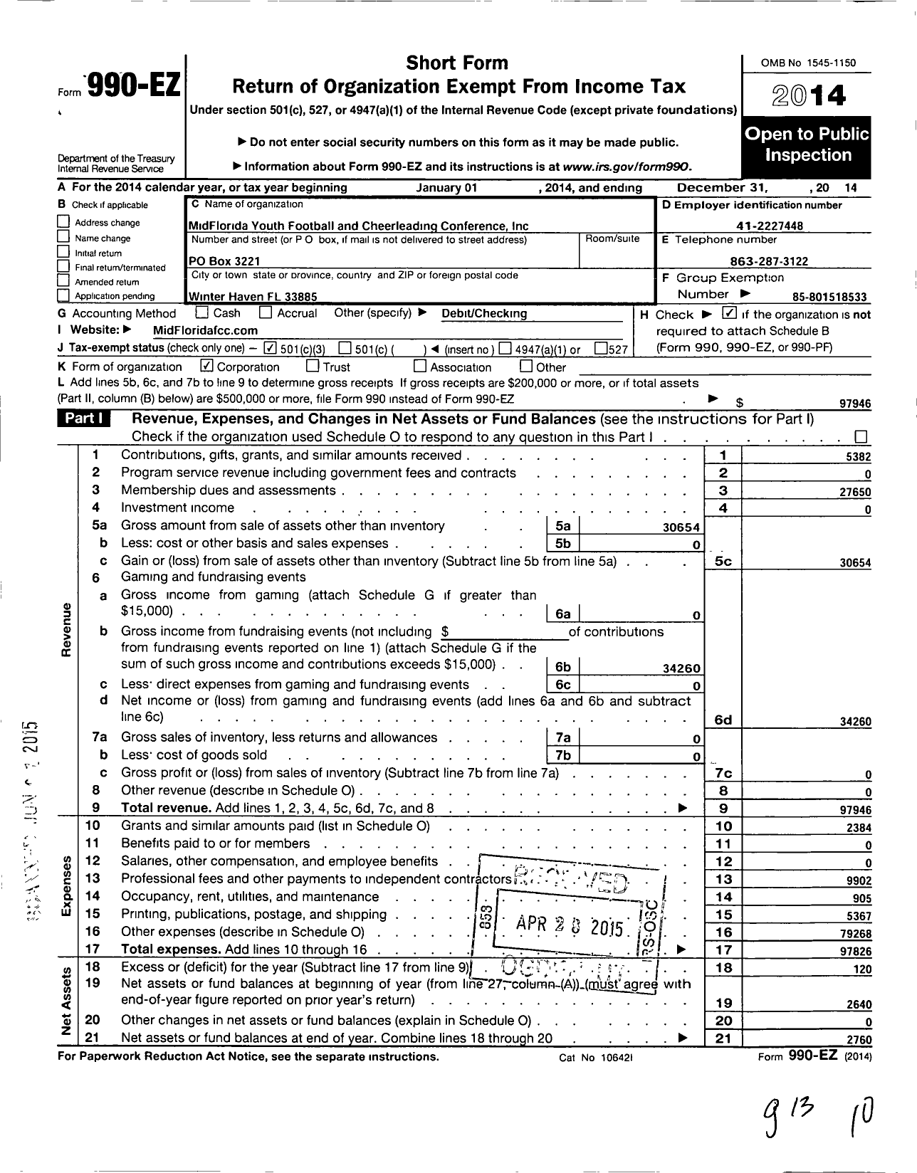 Image of first page of 2014 Form 990EZ for Midflorida Youth Football and Cheerleading Conference