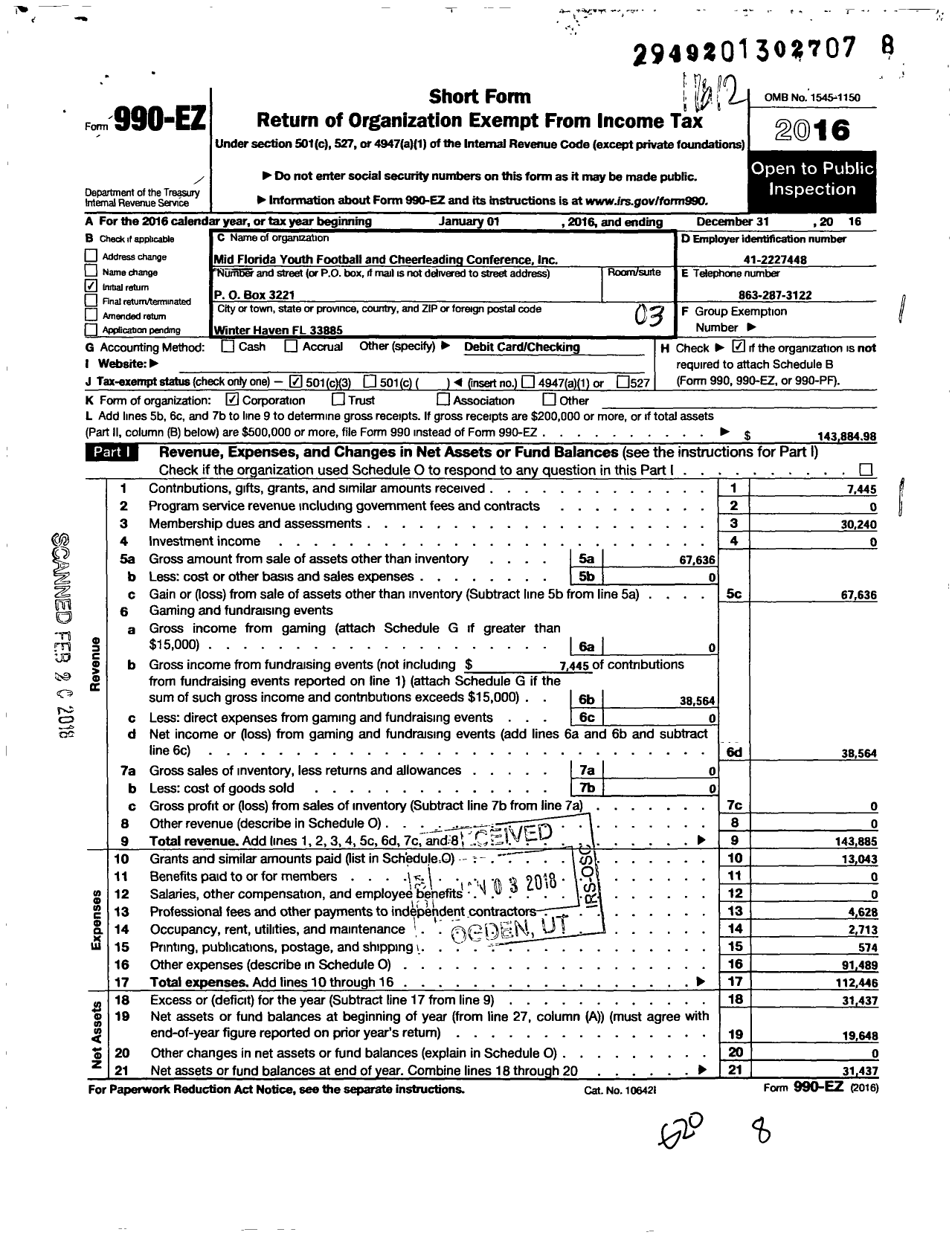 Image of first page of 2016 Form 990EZ for Midflorida Youth Football and Cheerleading Conference
