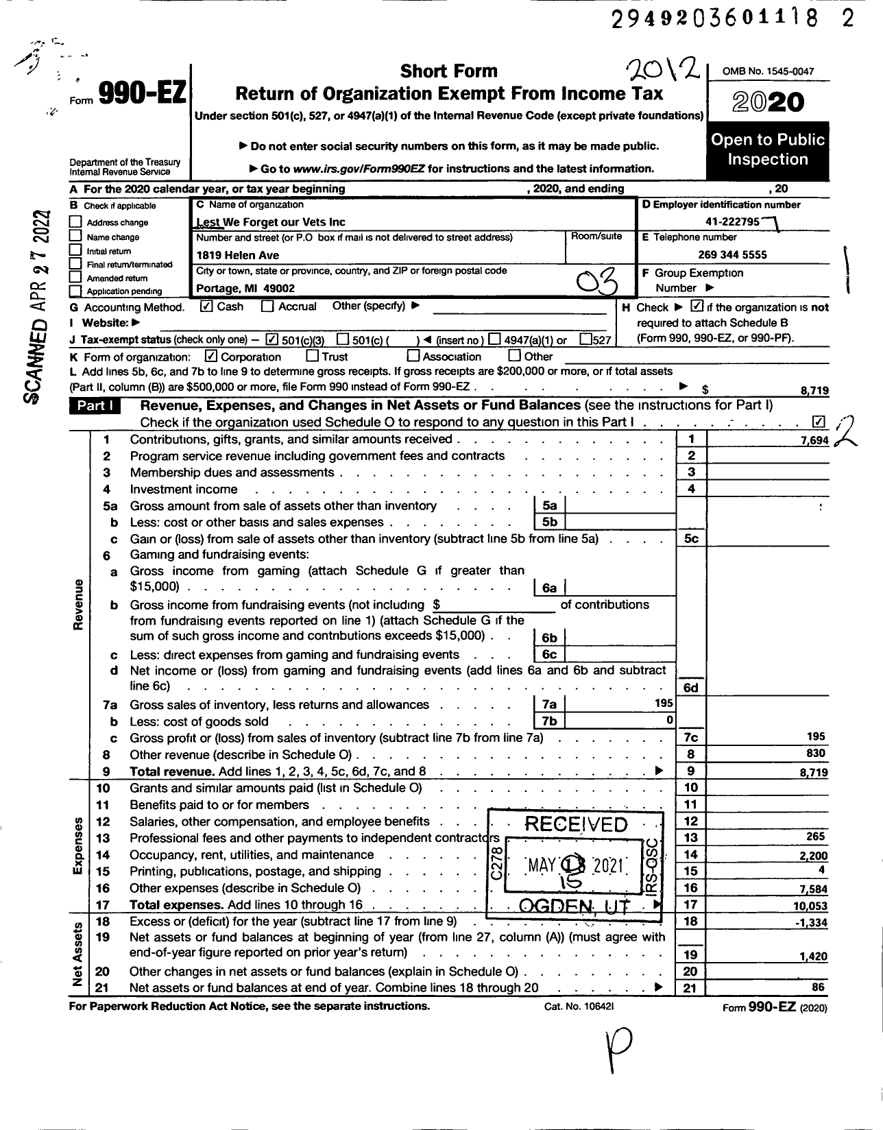 Image of first page of 2020 Form 990EZ for Lest We Forget Our Vets