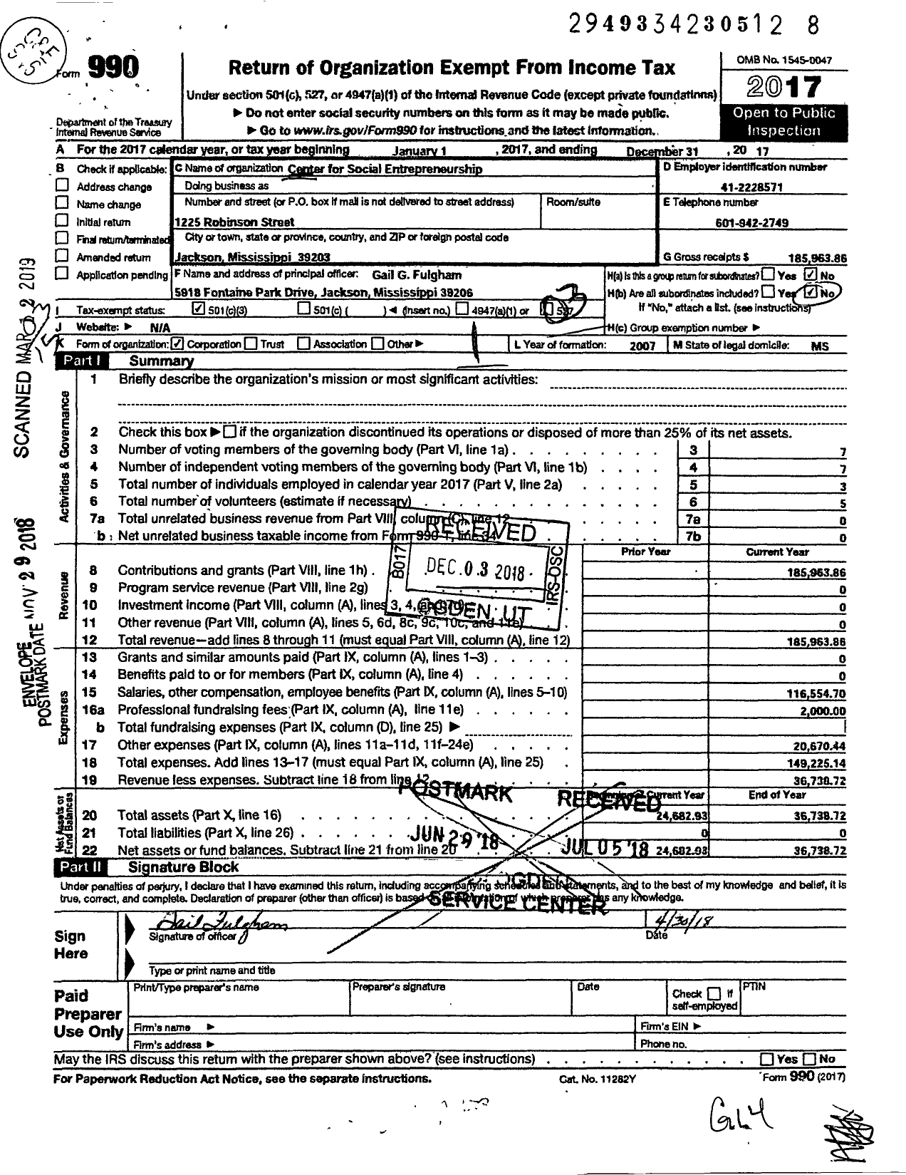 Image of first page of 2017 Form 990 for Center for Social Entrepreneurship