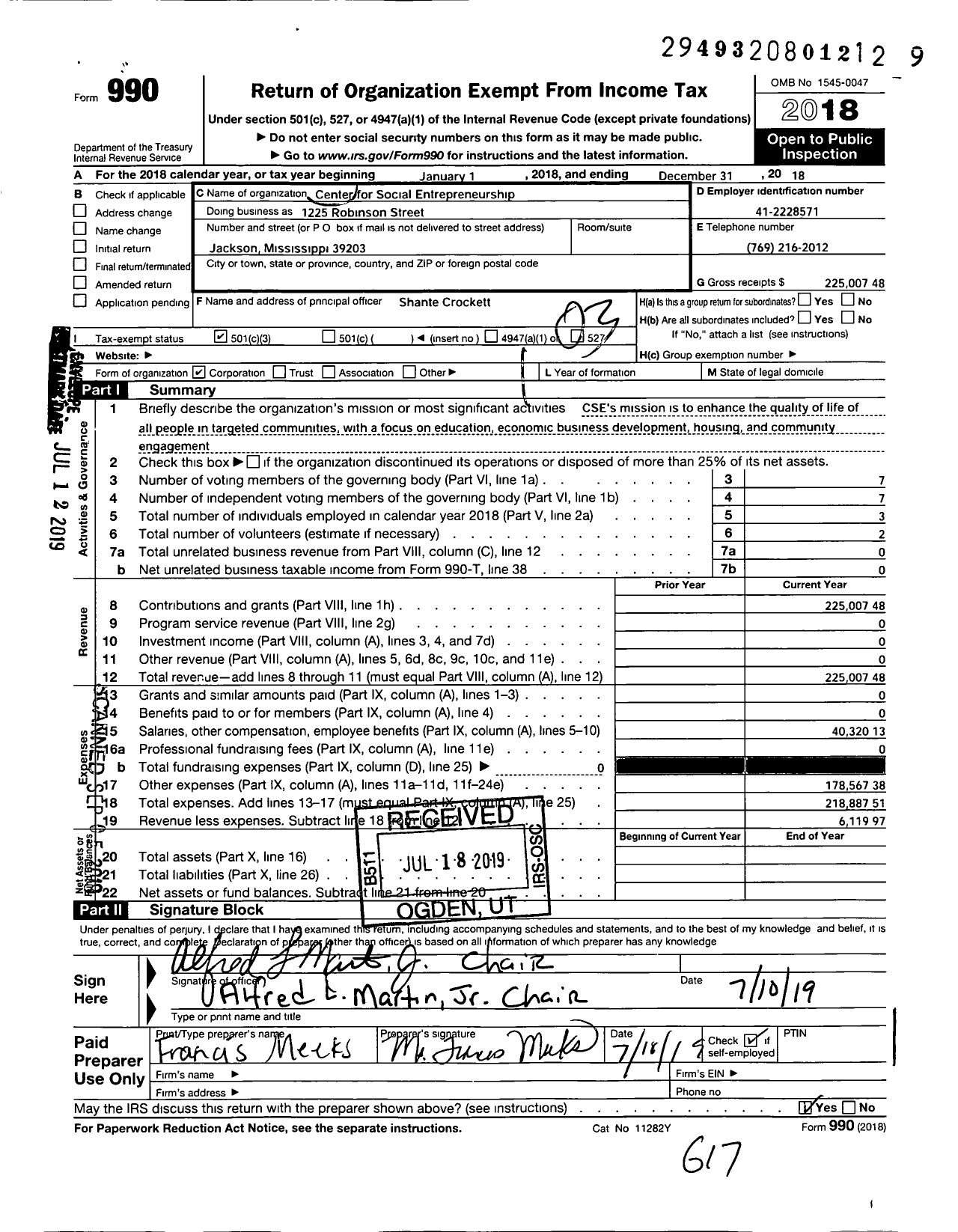 Image of first page of 2018 Form 990 for Center for Social Entrepreneurship