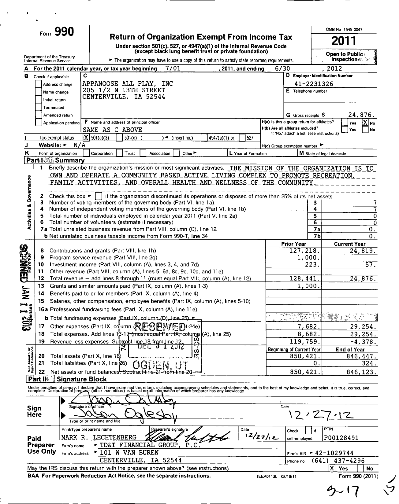 Image of first page of 2011 Form 990 for Appanoose All Play