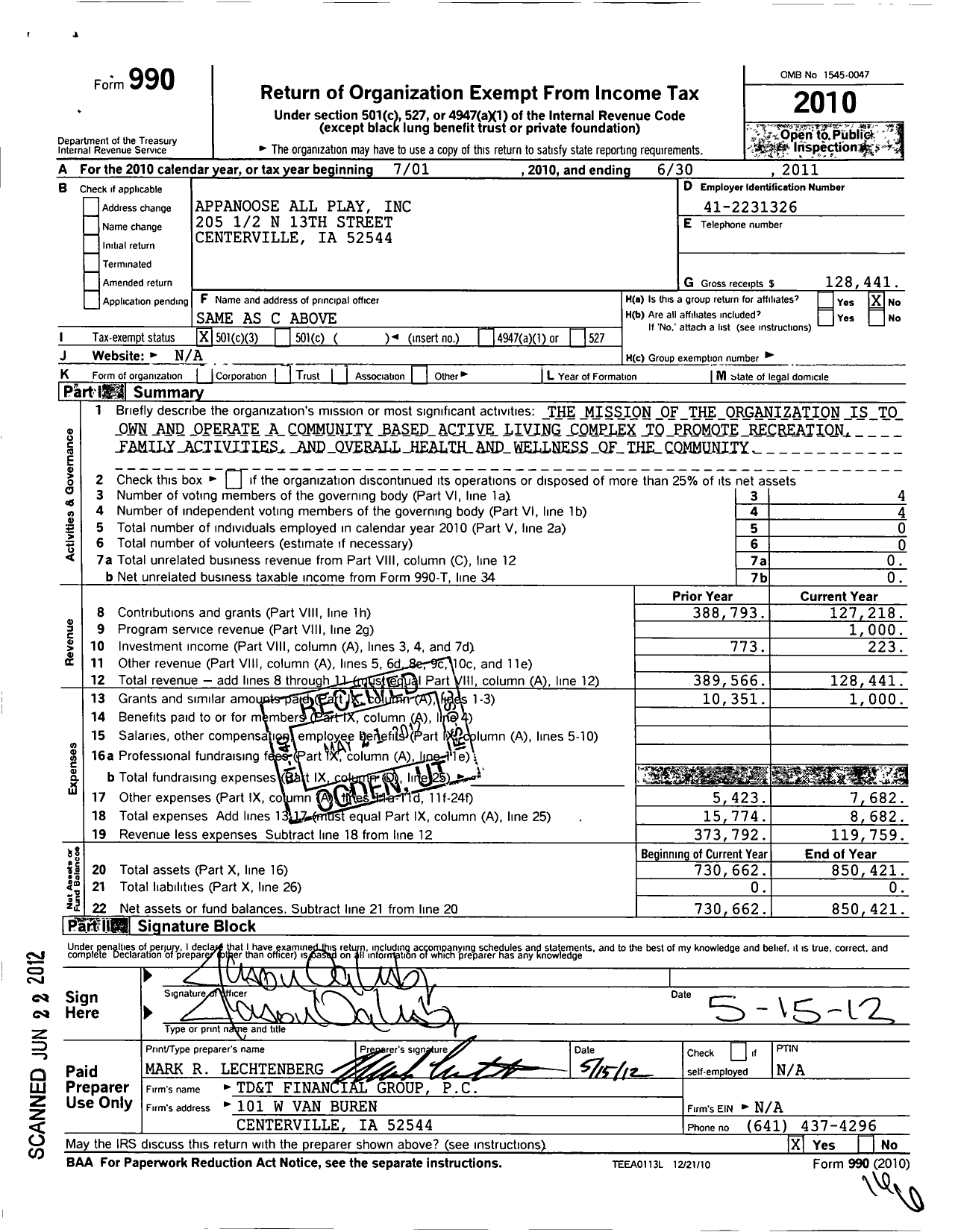 Image of first page of 2010 Form 990 for Appanoose All Play