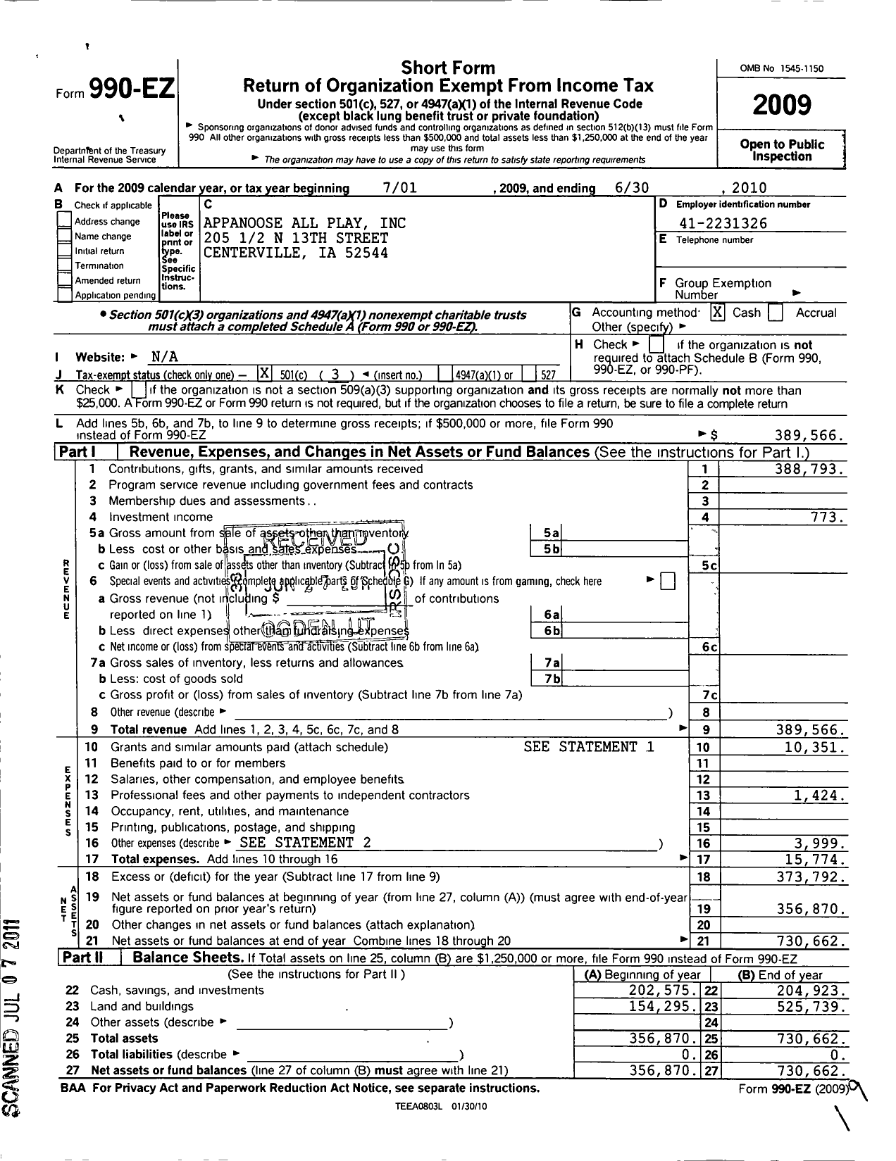 Image of first page of 2009 Form 990EZ for Appanoose All Play