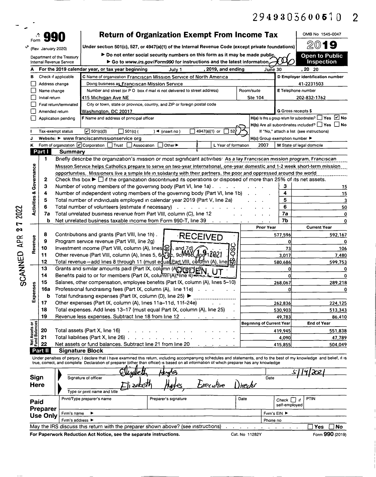 Image of first page of 2019 Form 990 for Franciscan Mission Service of North America