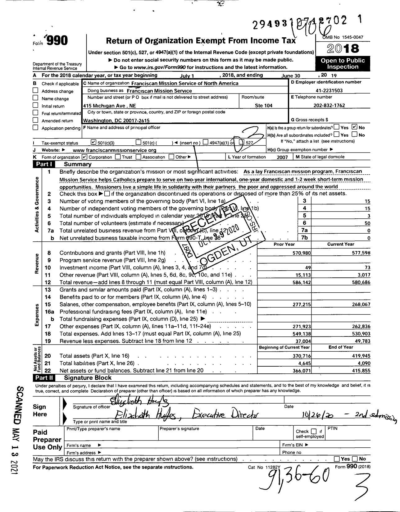 Image of first page of 2018 Form 990 for Franciscan Mission Service of North America