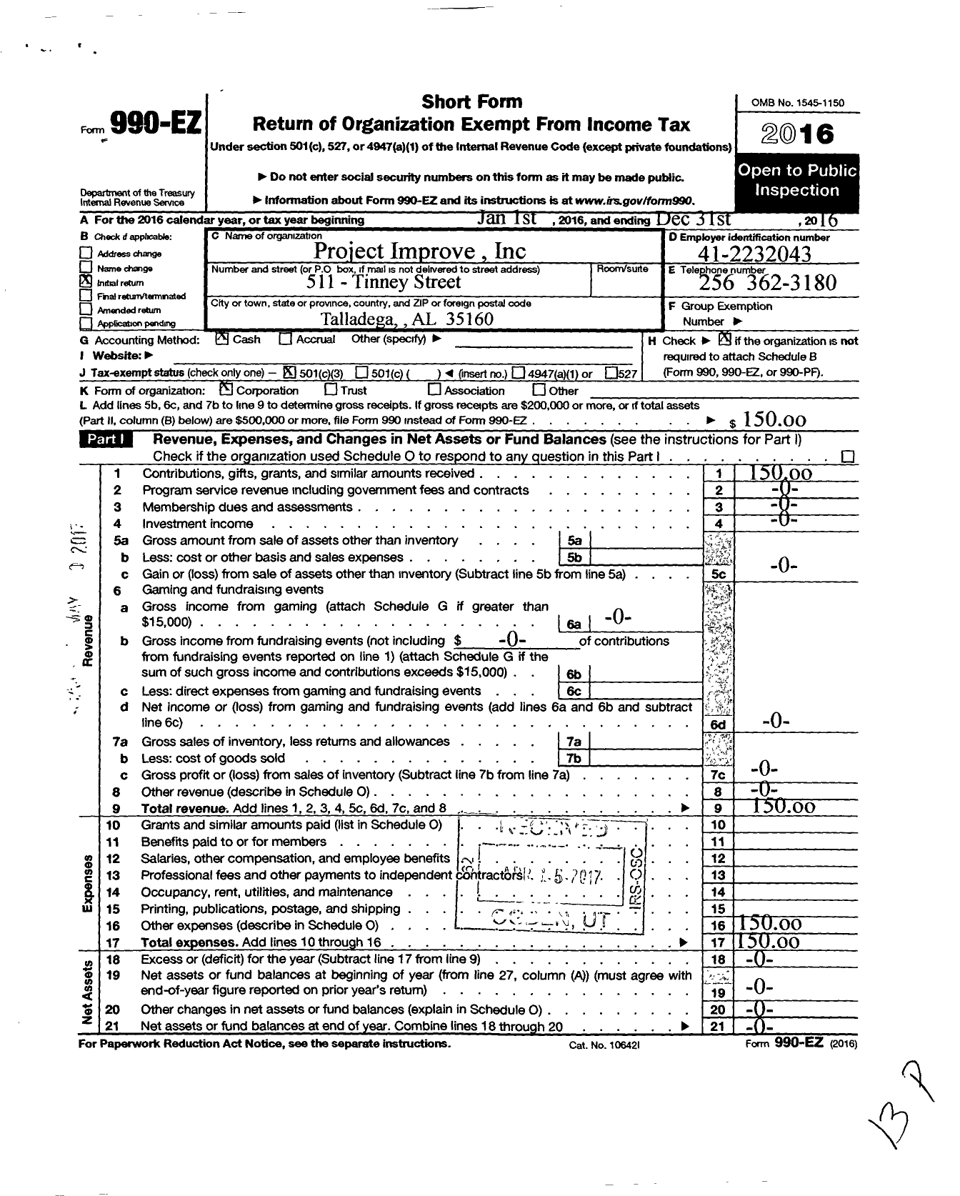 Image of first page of 2016 Form 990EZ for Project Improve