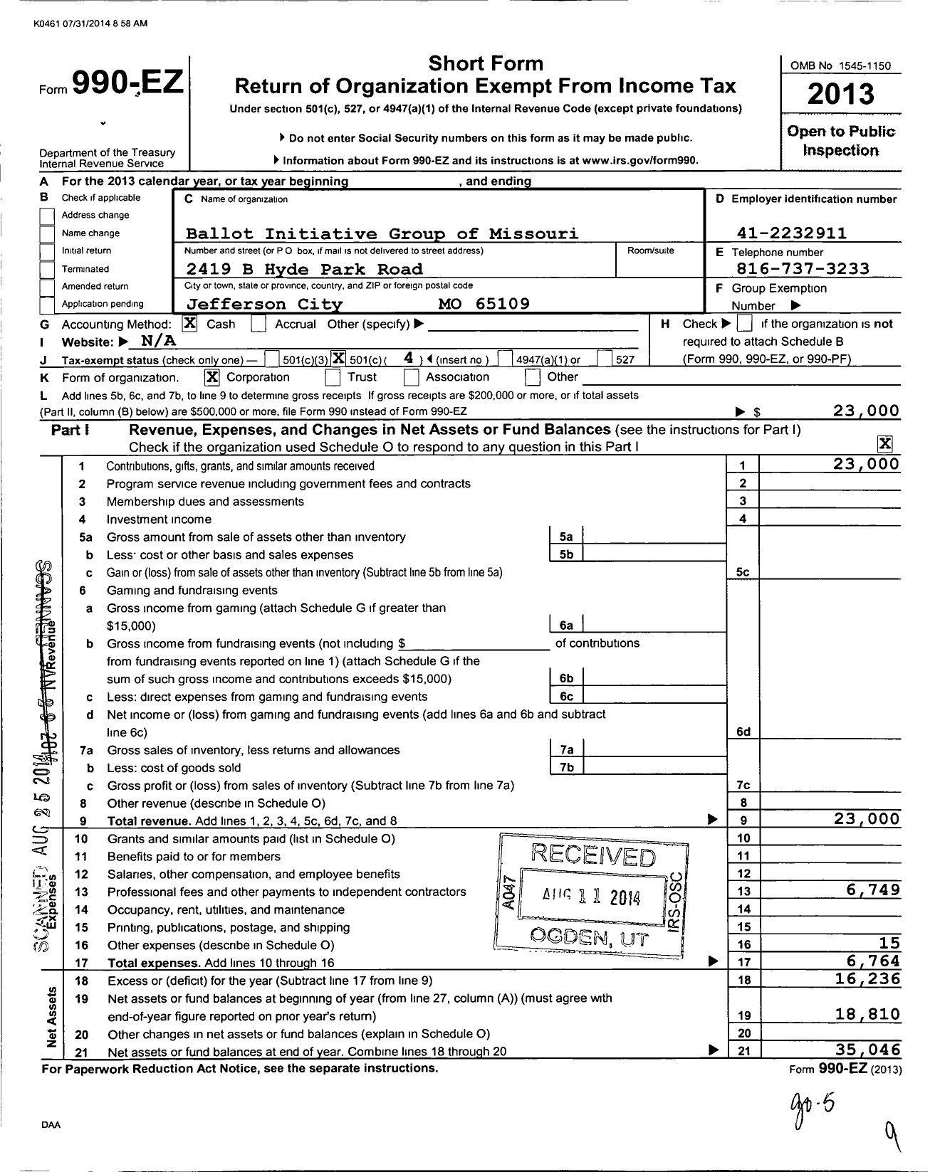 Image of first page of 2013 Form 990EO for Ballot Initiative Group of Missouri